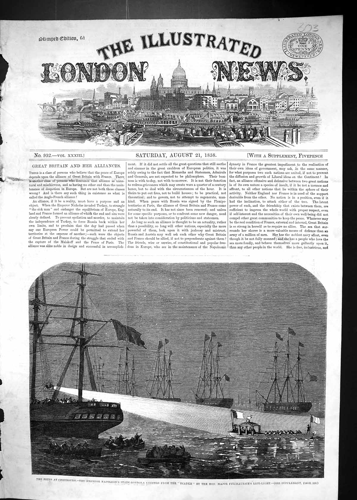Old 1858 Fetes Cherbourg Emperor Napoleon State Gondola Ship Diadem F Victorian