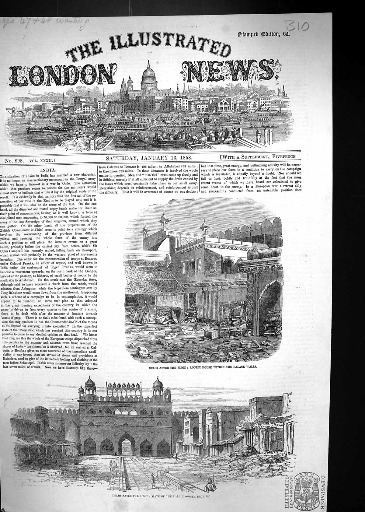 Antique Print 1858 Delhi India Siege Looted House Gate Palace Architecture 19th