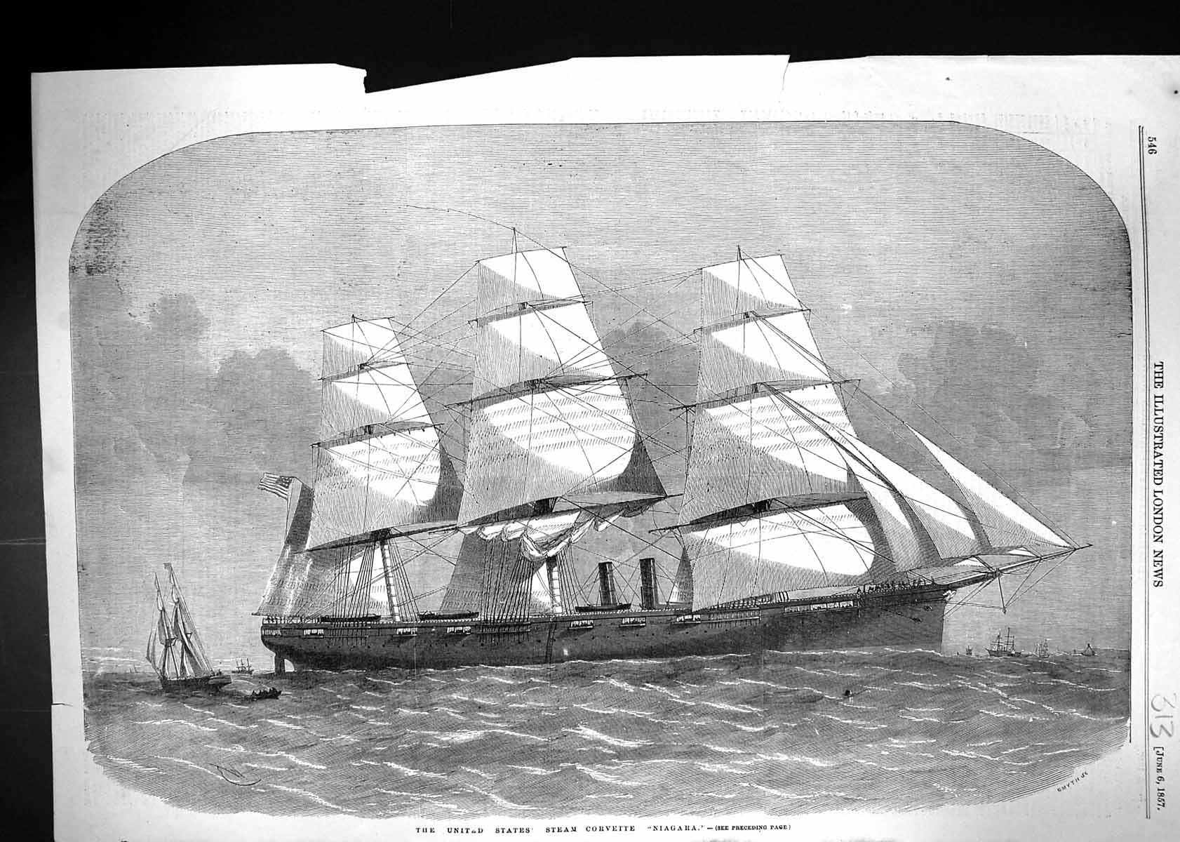 Original Old Antique Print 1857 United States Steam Corvette Ship Niagara 19th