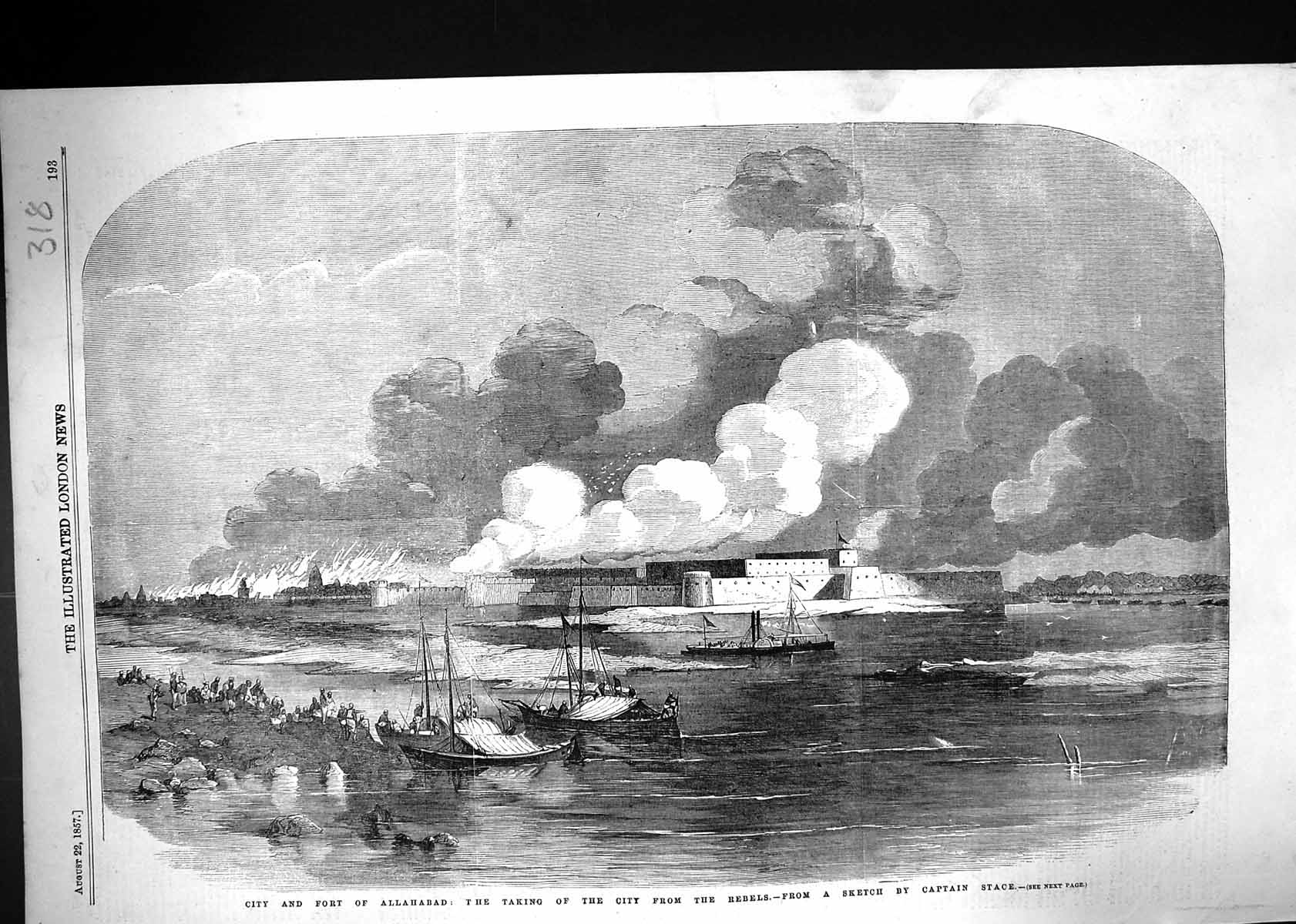 Antique Old Print 1857 View City Fort Allahabad Rebels War Attack Boats Fire