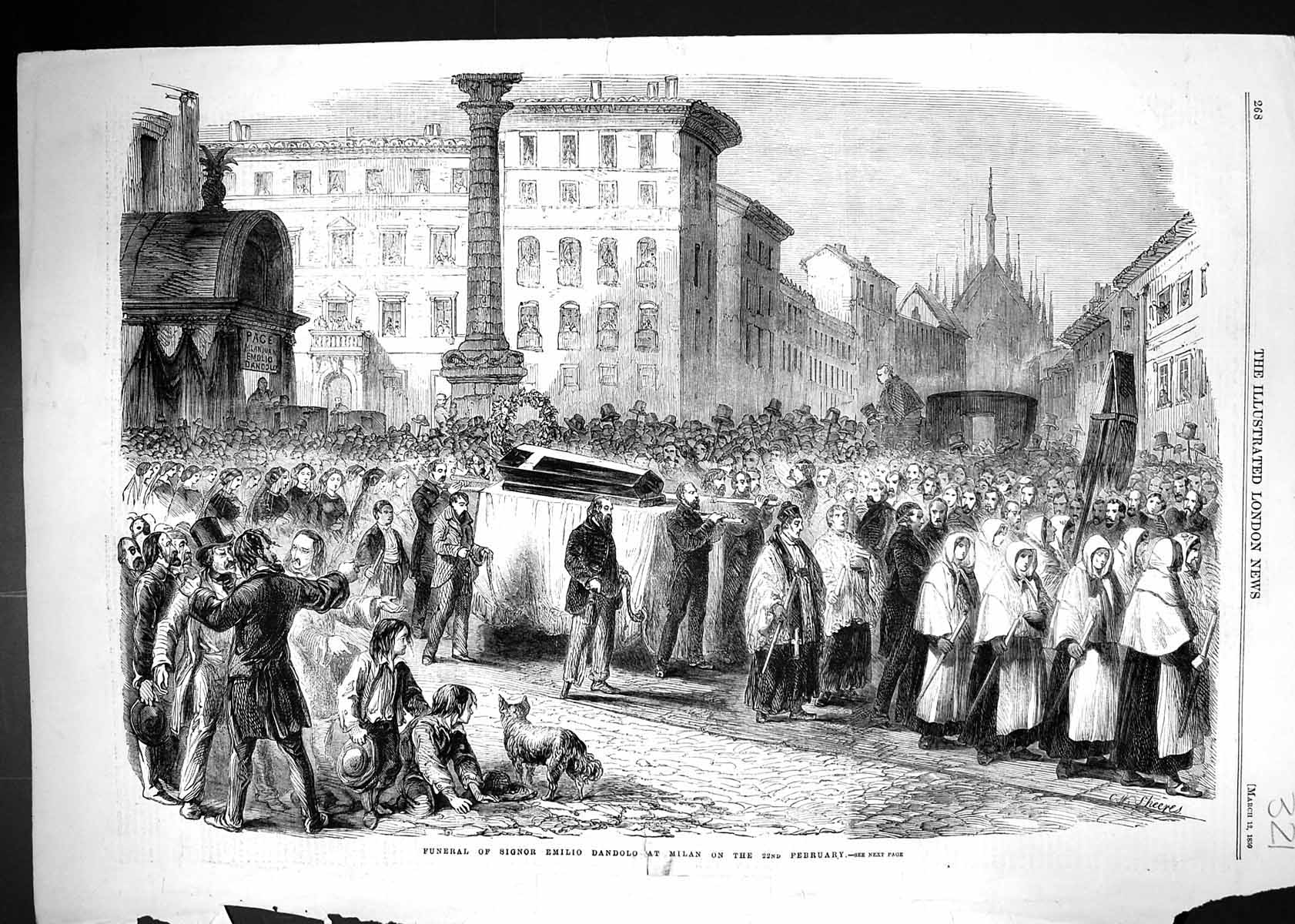Antique Old Print 1859 Funeral Procession Signor Emilio Dandolo Milan Italy