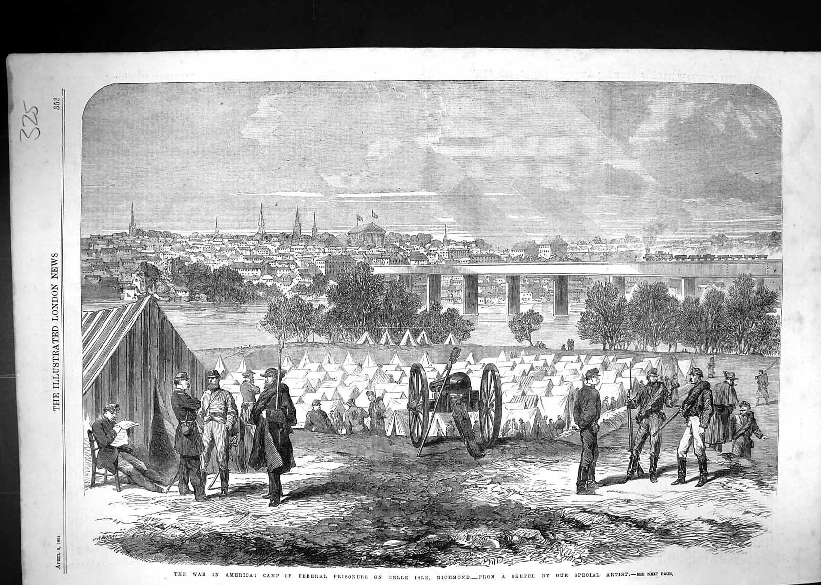 Old Print 1864 War America Camp Federal Prisoners Belle Isle Richmond Si 19th