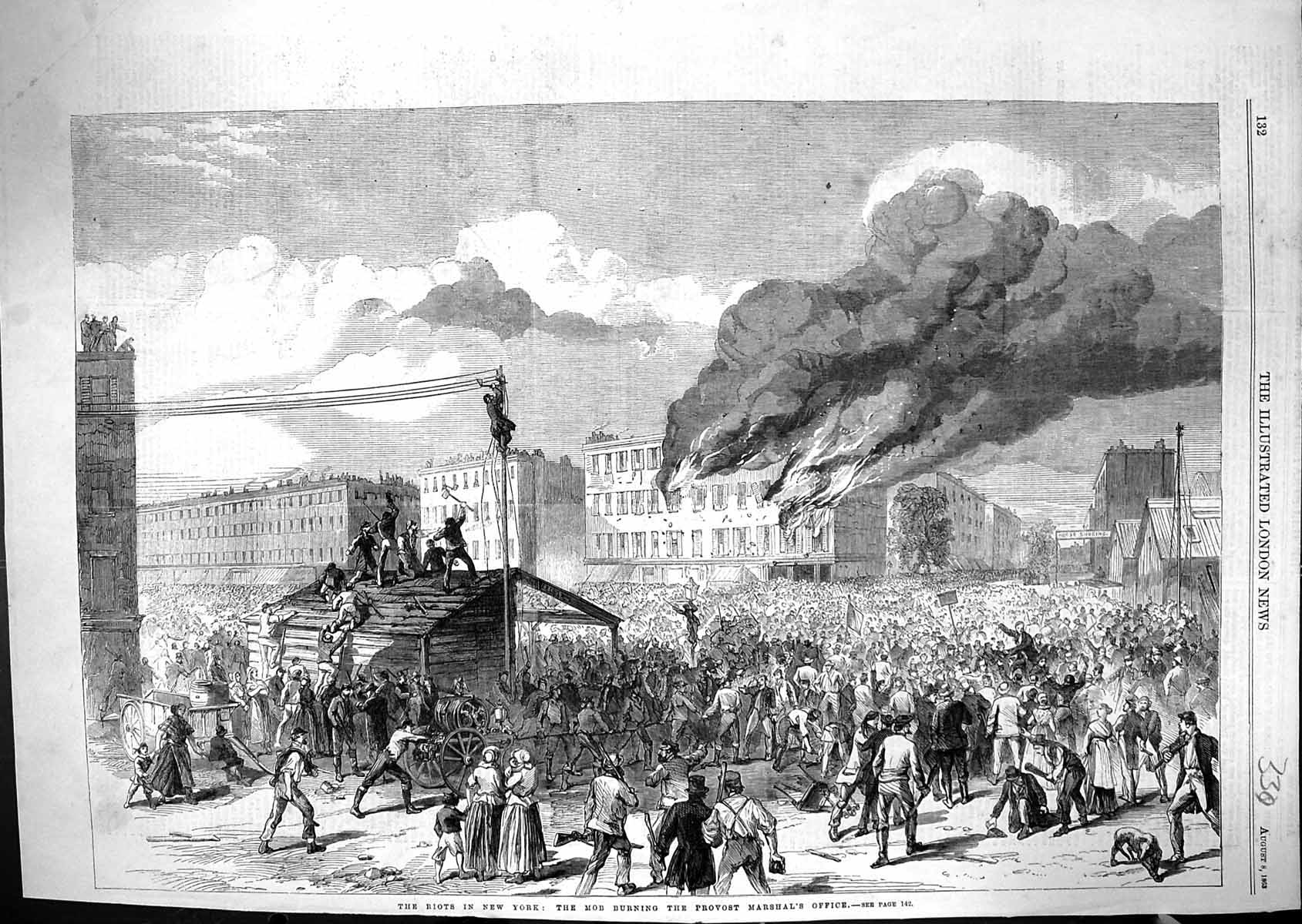 Old Print 1863 Riots New York America Mob Burning Provost Marshal Office 19th