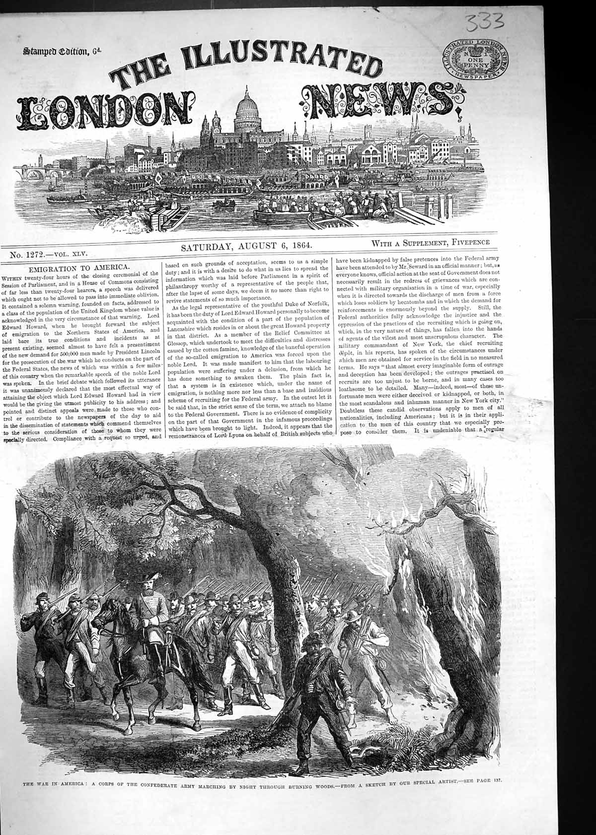 Antique Print 1864 War America Corps Civil War Army Marching Burning Woods 19th