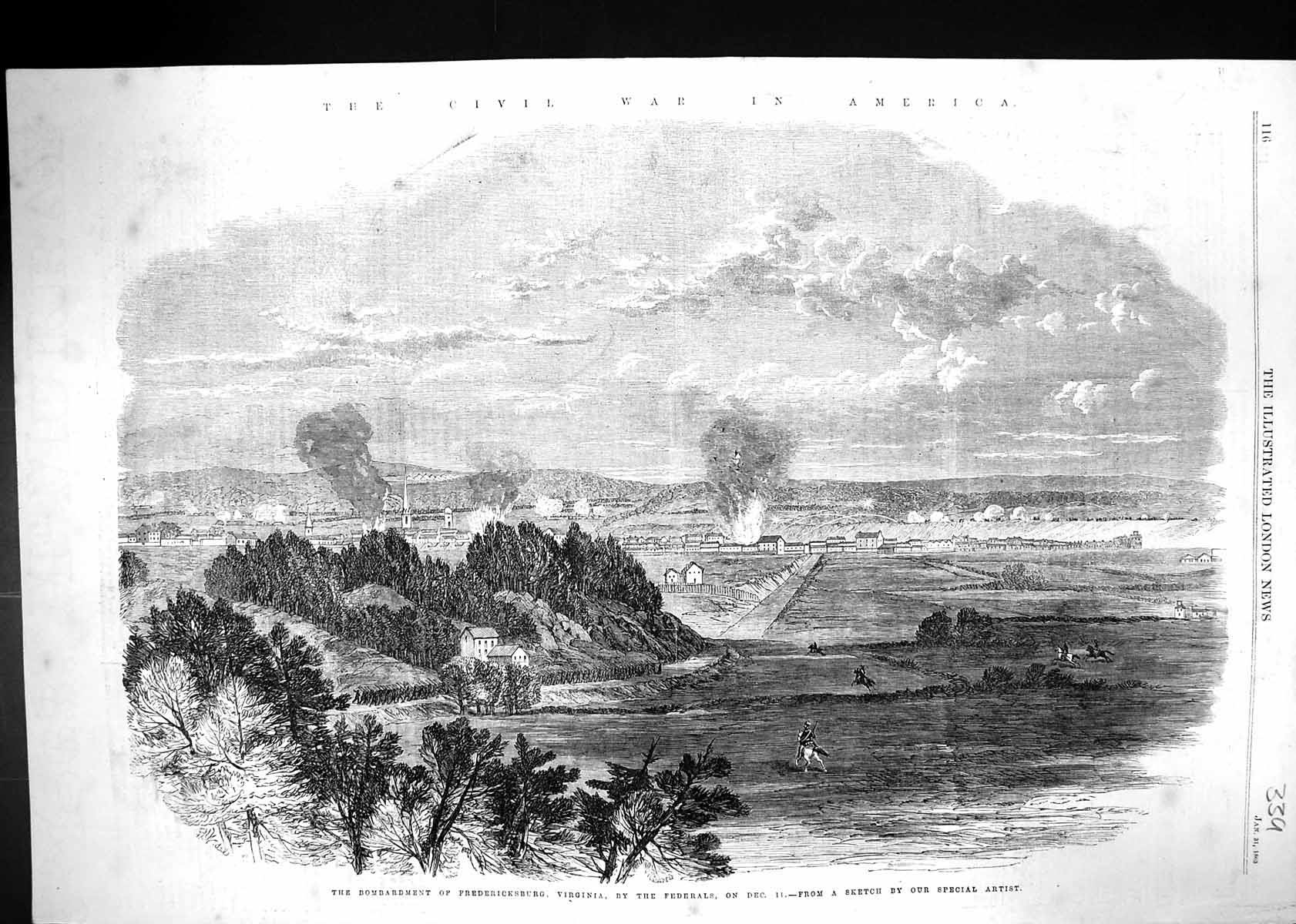 Antique Print 1863 Bombardment Fredericksburg Virginia Federals War Siers 19th