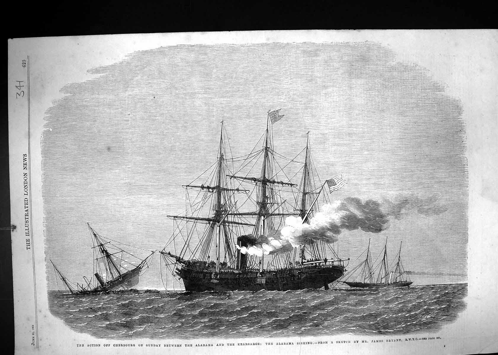 Old Print 1864 War Action Ships Cherbourg Alabama Kearsarge James Bryant 19th