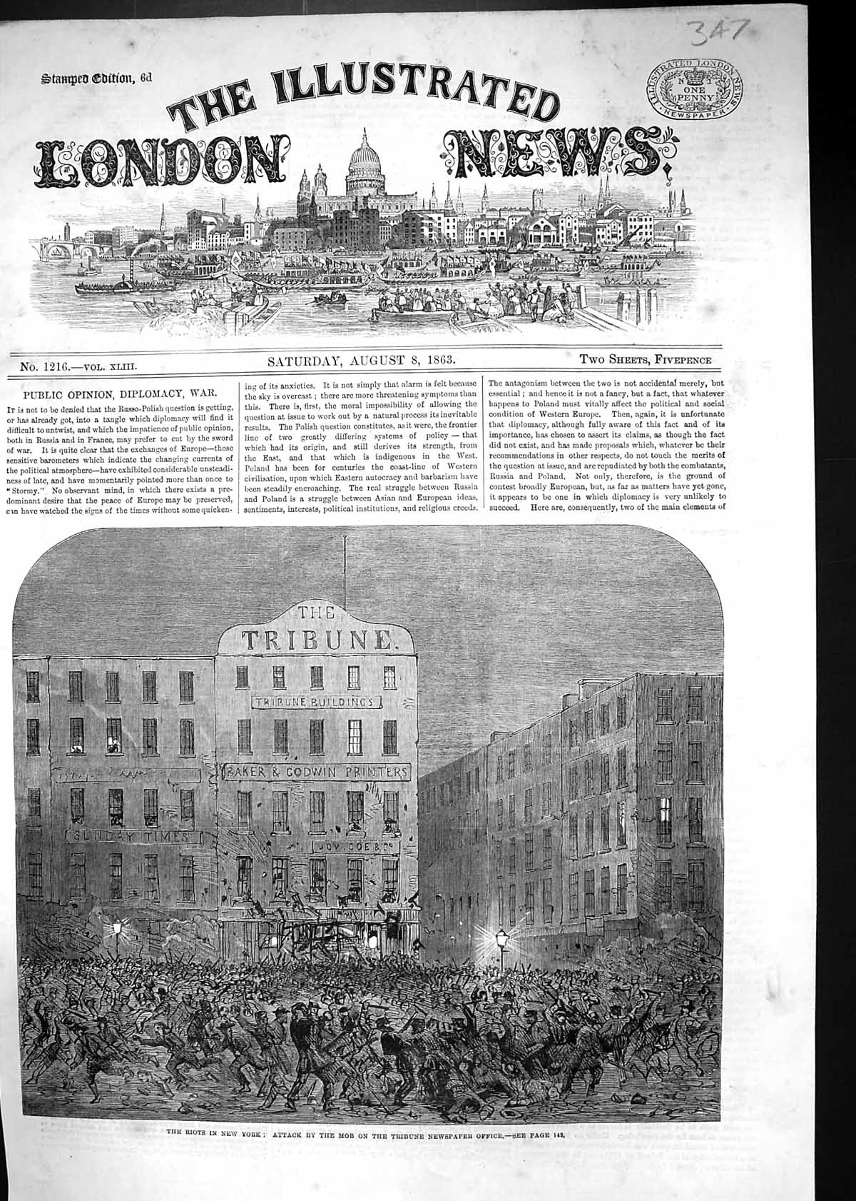 Old 1863 Riots New York America Attack Mob Turbine Newspaper Office B Victorian