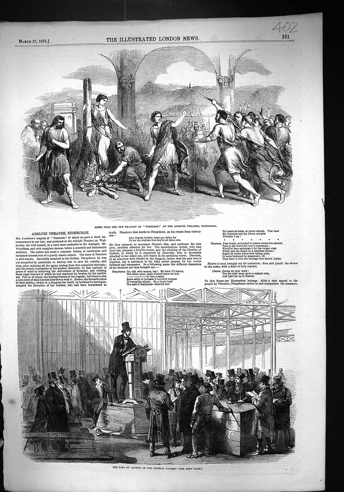 Old 1852 Tragedy Timoleon Adelphi Theatre Edinburgh Auction Sale Crys Victorian