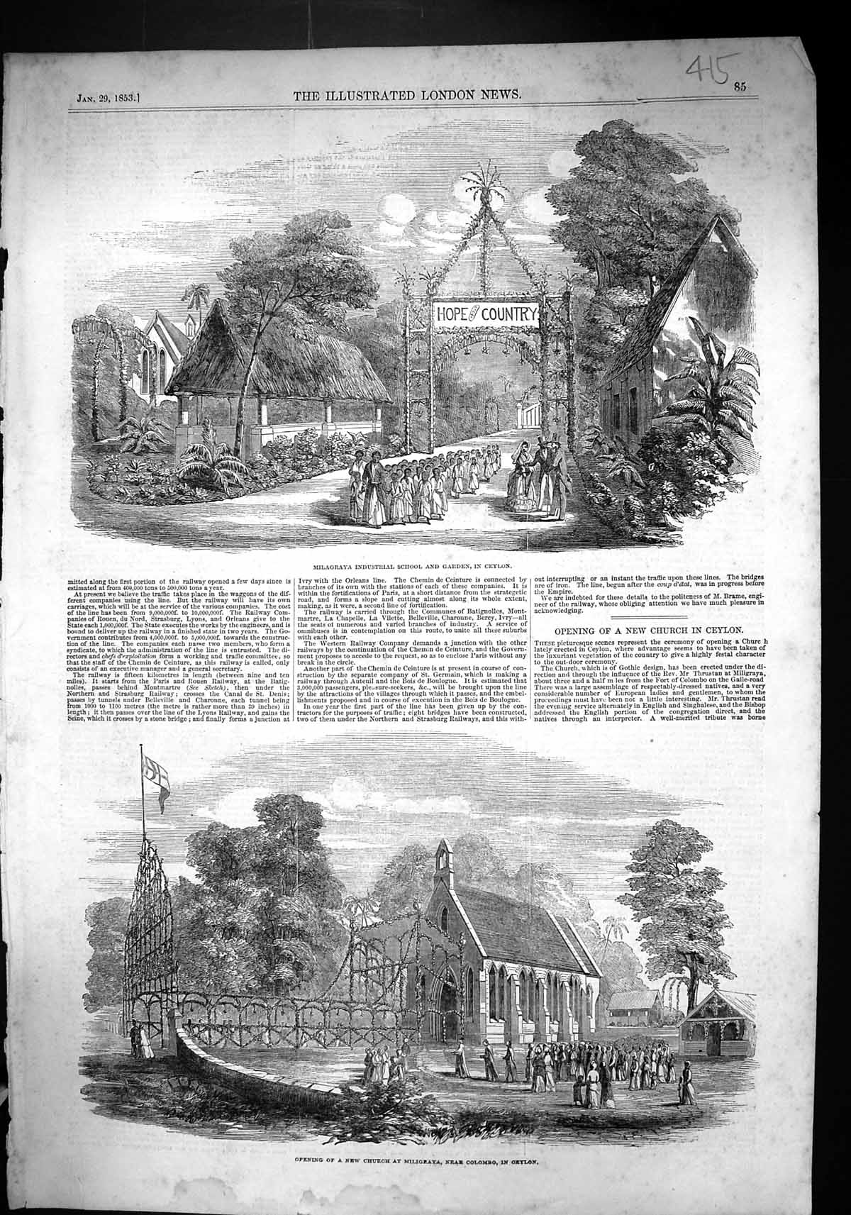 Antique Print 1853 Milagraya Industrial School Garden Ceylon Opening Church