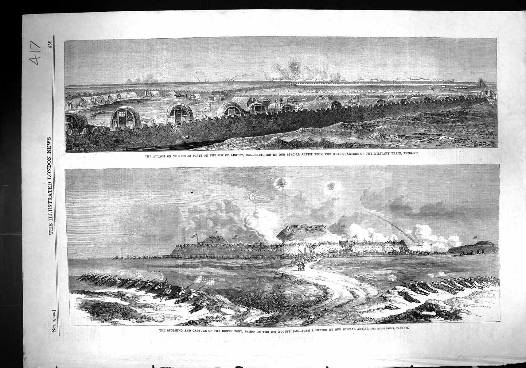 Original Old Antique Print 1860 Attack Peiho Forts War Storming Capture Siers