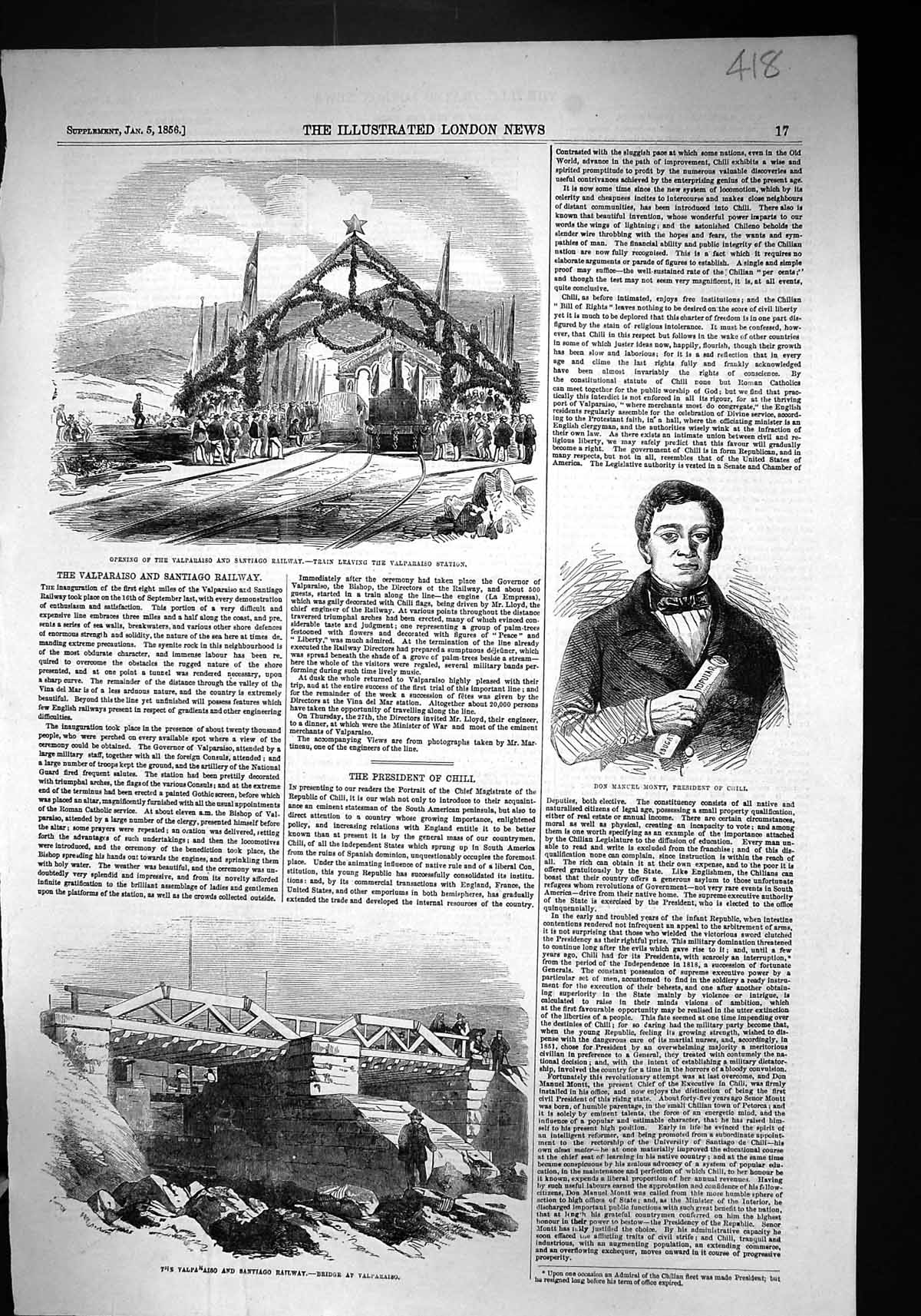Old 1856 Opening Valparaiso Santiago Railway Bridge Train Don Manuel Victorian