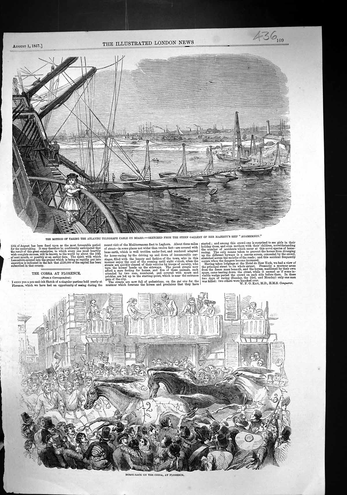 Old 1857 Atlantic Telegraph Cable Ship Agamemnon Horse Race Corsa Flo Victorian