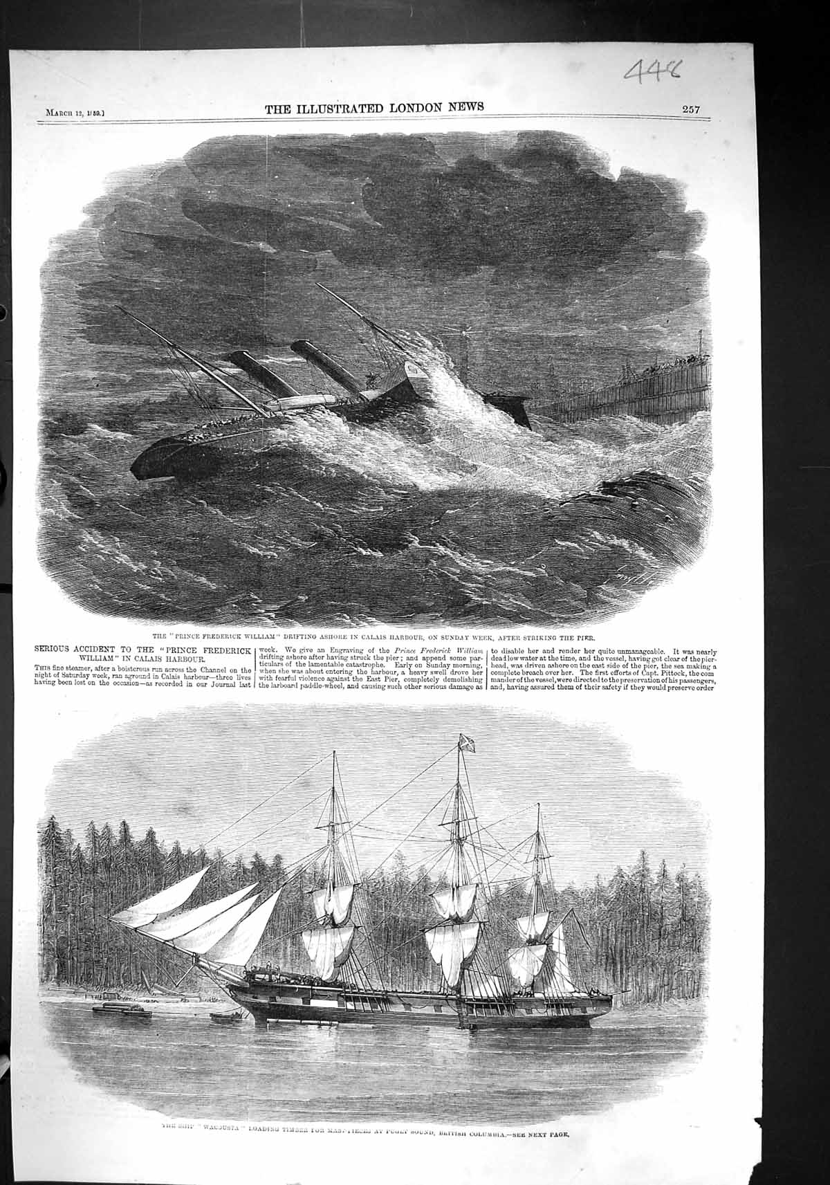 Old 1859 Ship Prince Frederick William Calaisharbour Wacousta Puget S Victorian