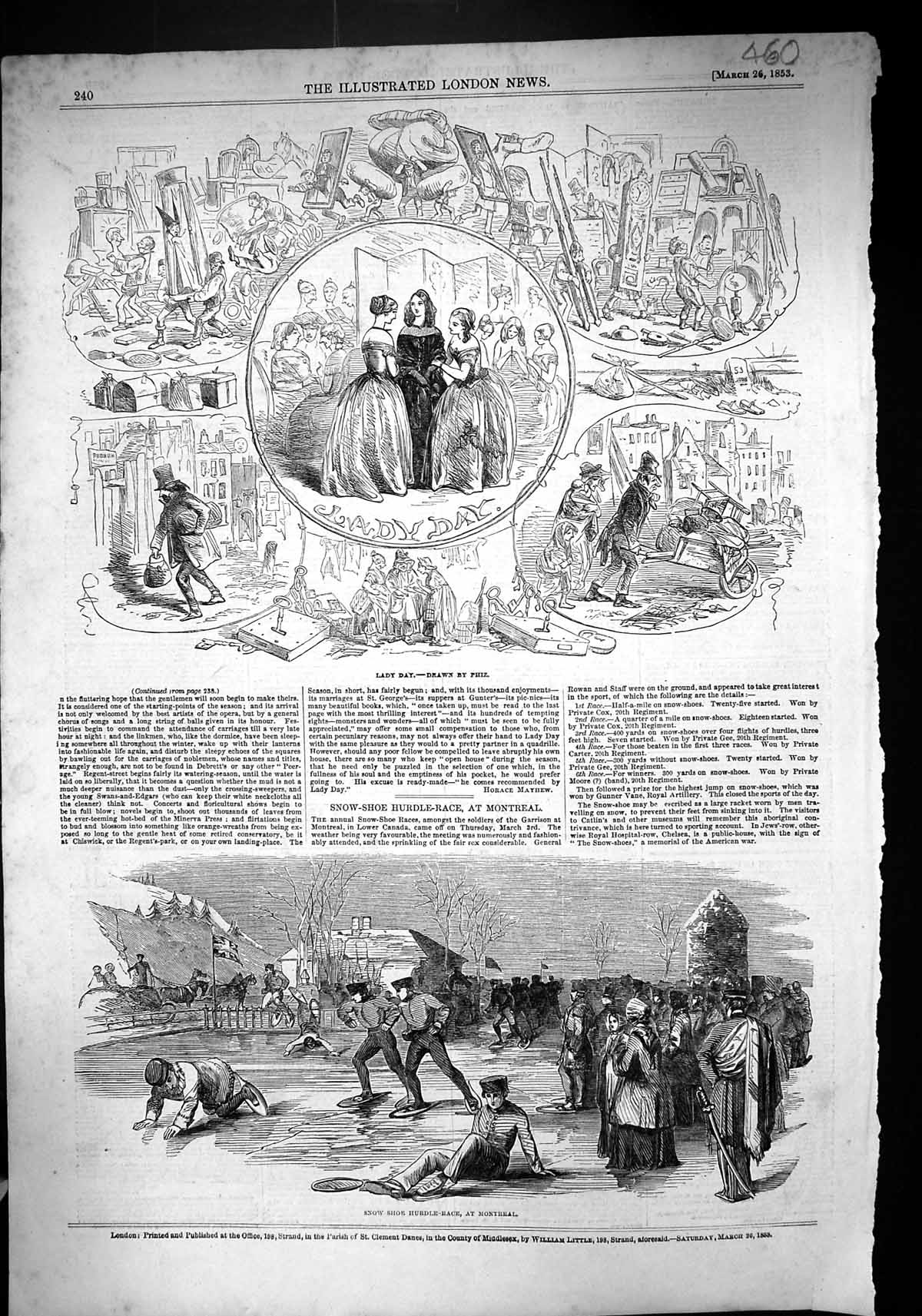 Old 1853 Lady Day Snow Shoe Hurdle Race Montreal Canada Winter Sport Victorian