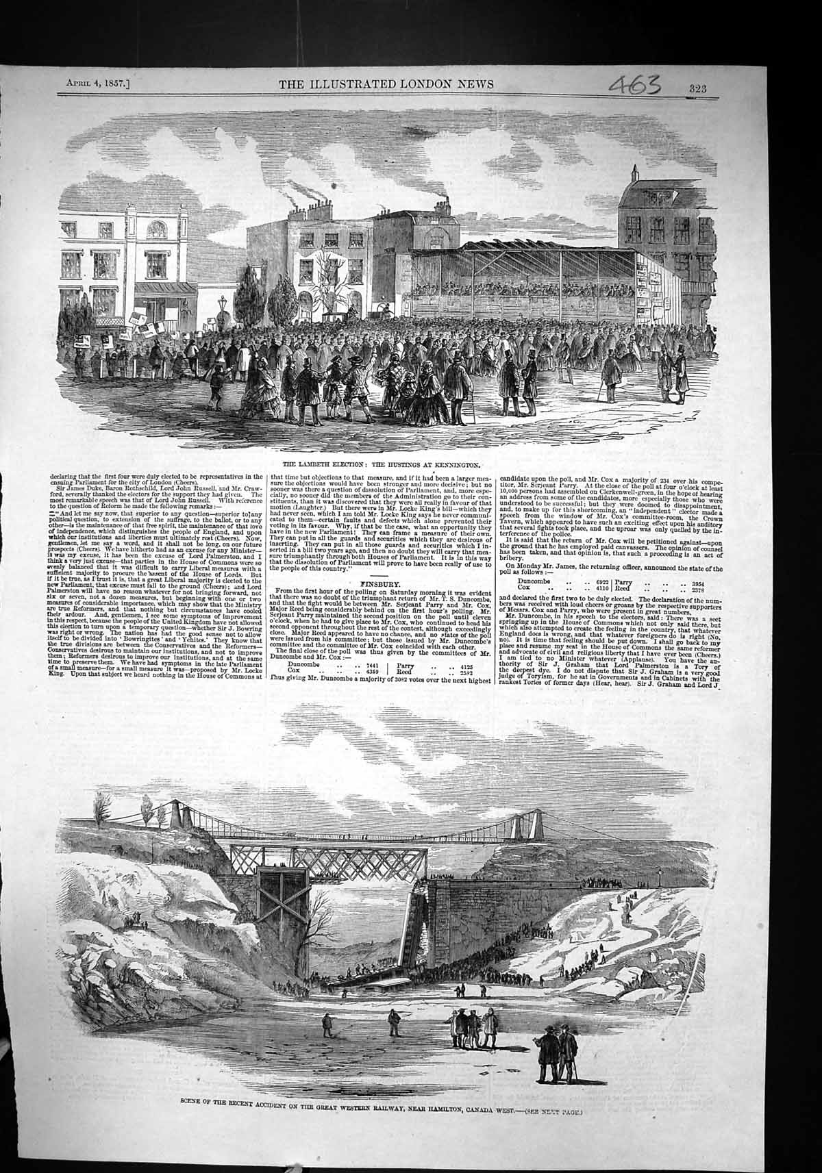 Old 1857 Lambeth Election Hustings Kennington Railway Train Crash Ham Victorian