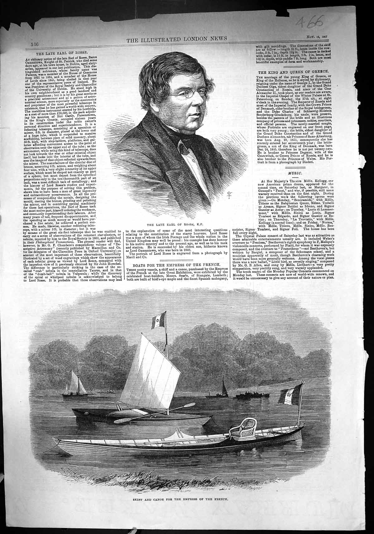 Original Old Antique Print 1867 Portrait Earl Rose Skiff Canoe Empress French