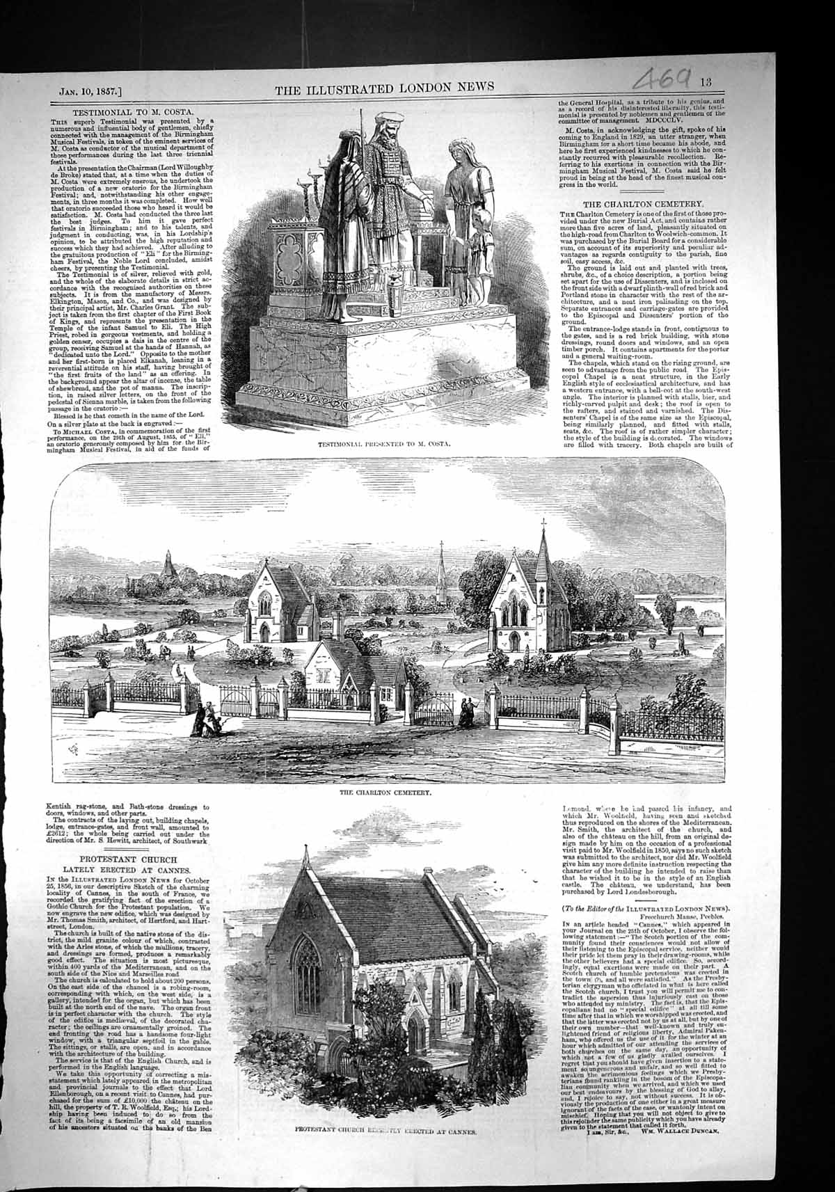 Old 1857 Testimonial Costa Charlton Cemetery Protestant Church Cannes Victorian