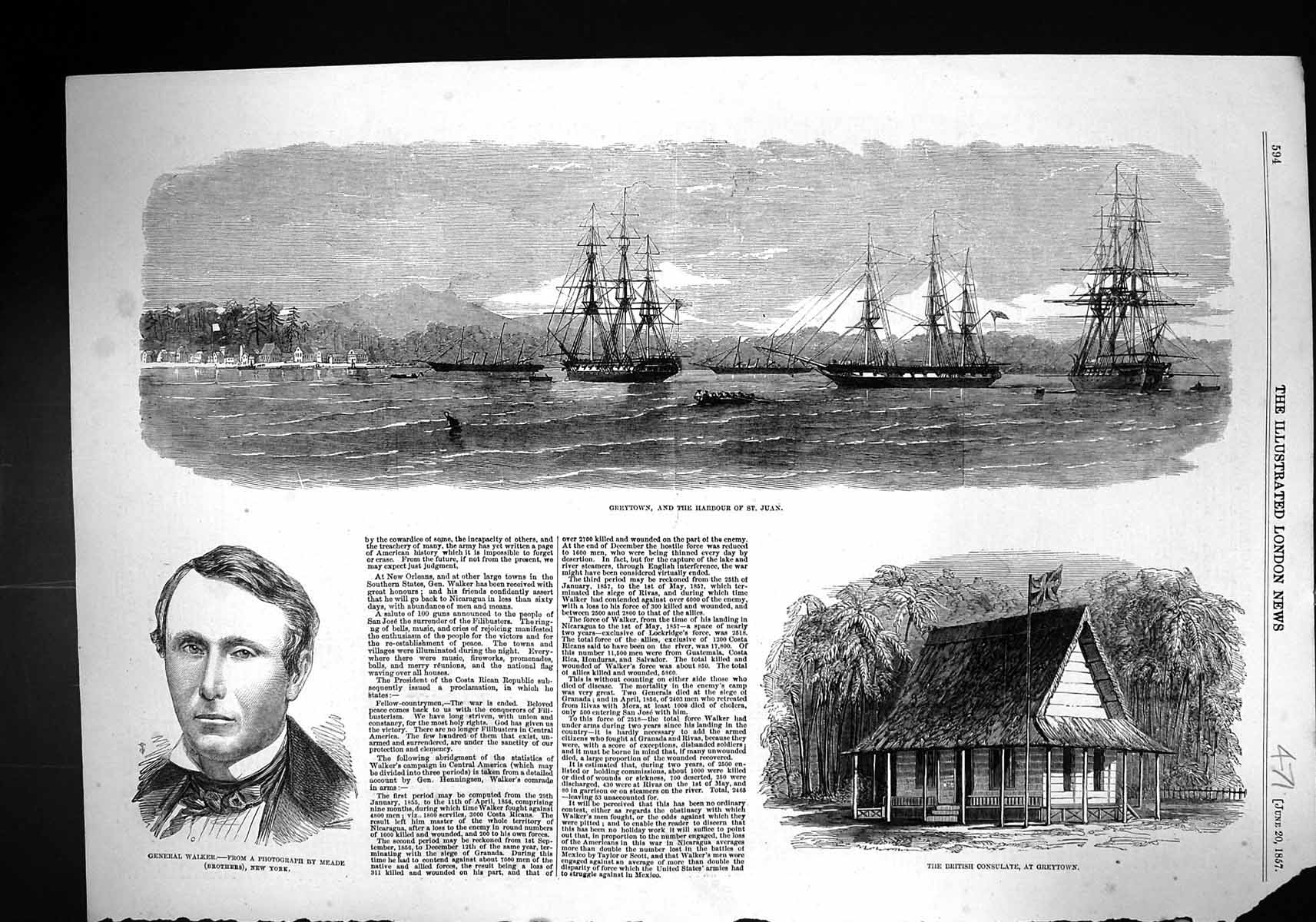 Old 1857 Greytown Harbour St. Juan Ships General Walker British Consu Victorian