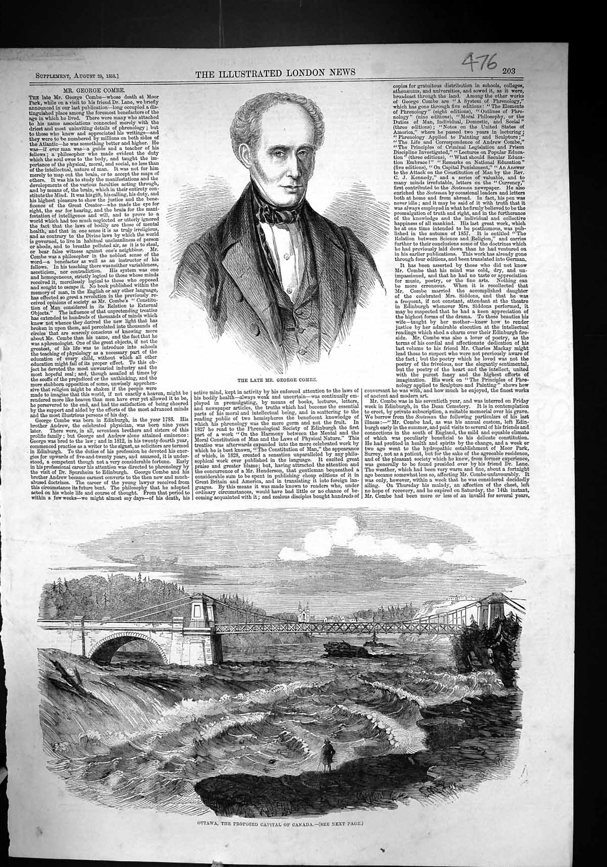 Antique Print 1858 George Combe Ottawa Proposed Capital Canada River Bridge
