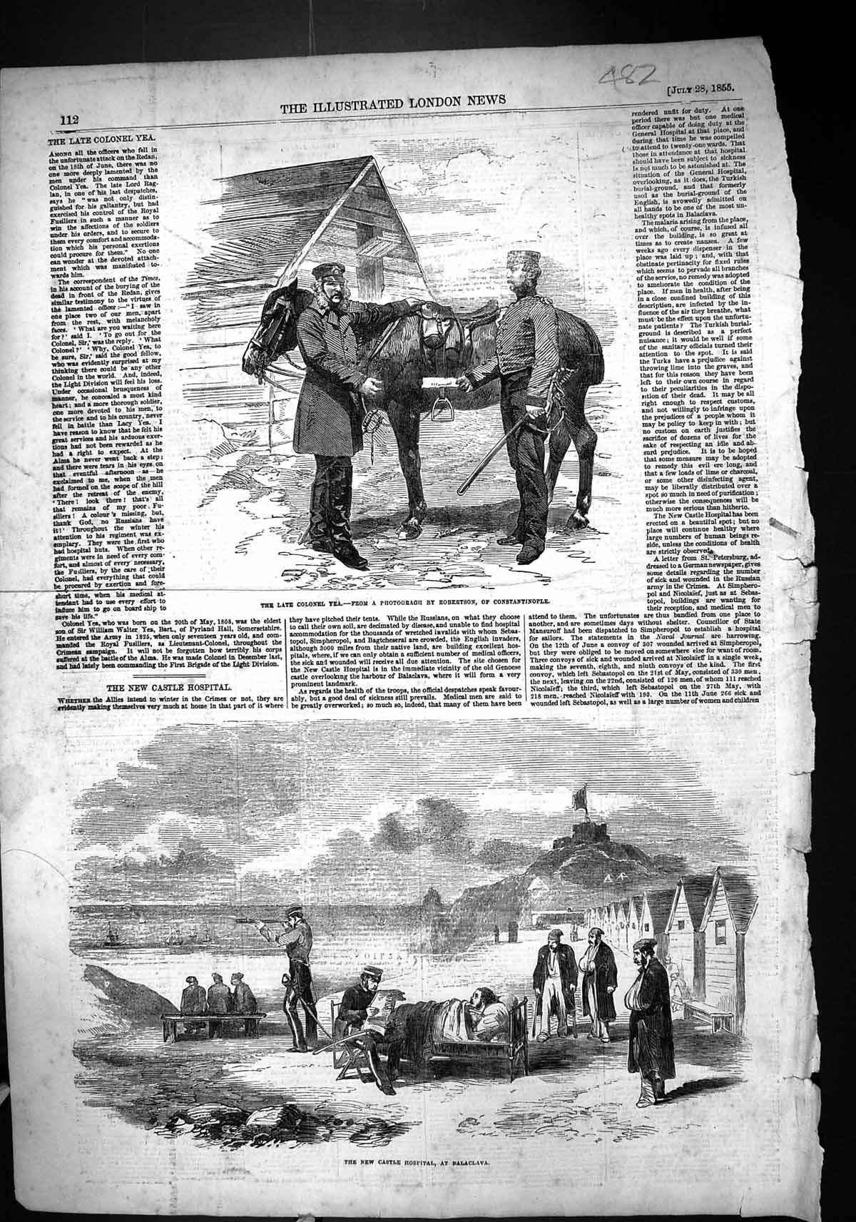 Antique Old Print 1855 Colonel Yea War Horse Castle Hospital Balaclava Siers