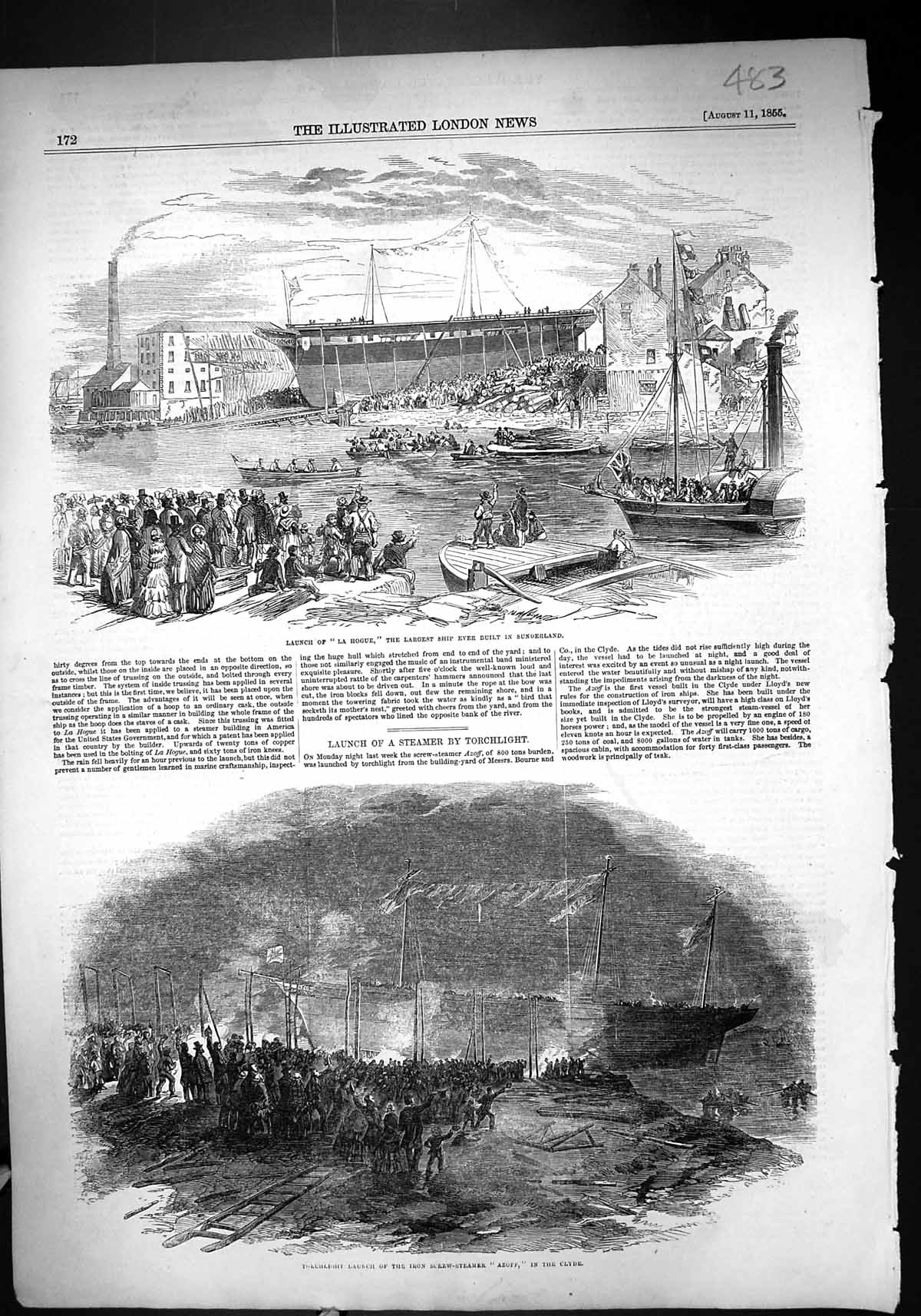 Old 1855 Launch La Hogue Ship Sunderland Torchlight Iron Screw Steame Victorian