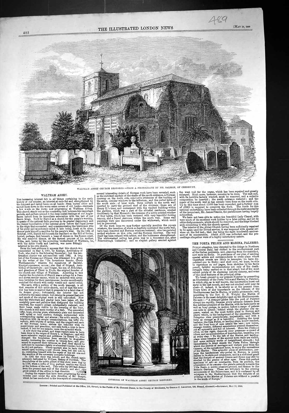 Old Print 1860 Waltham Abbey Church Interior Salmon Cheshunt Architecture 19th