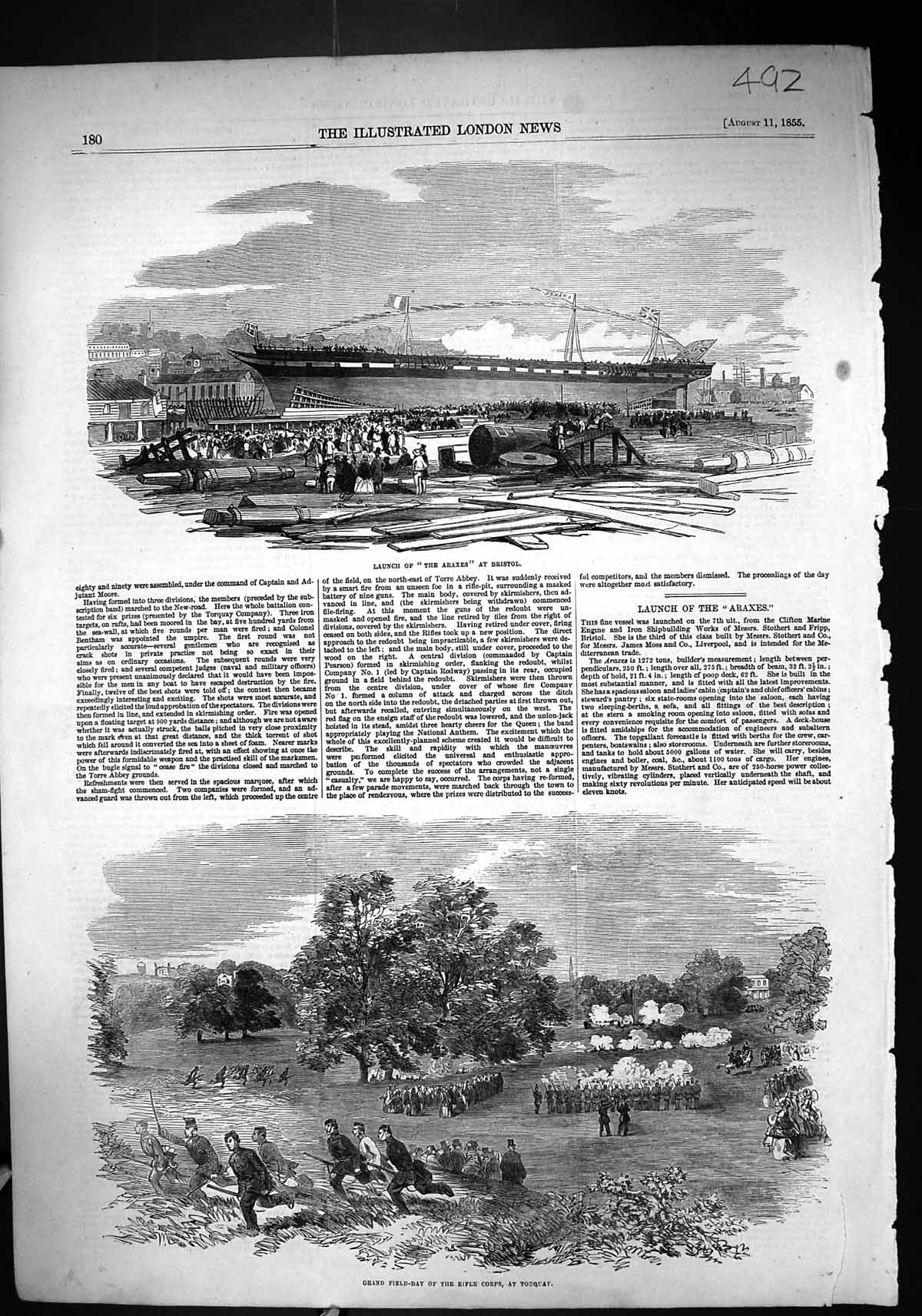 Old Print 1855 Launch Araxes Bristol Field-Day Rifle Corps Siers Torquay 19th