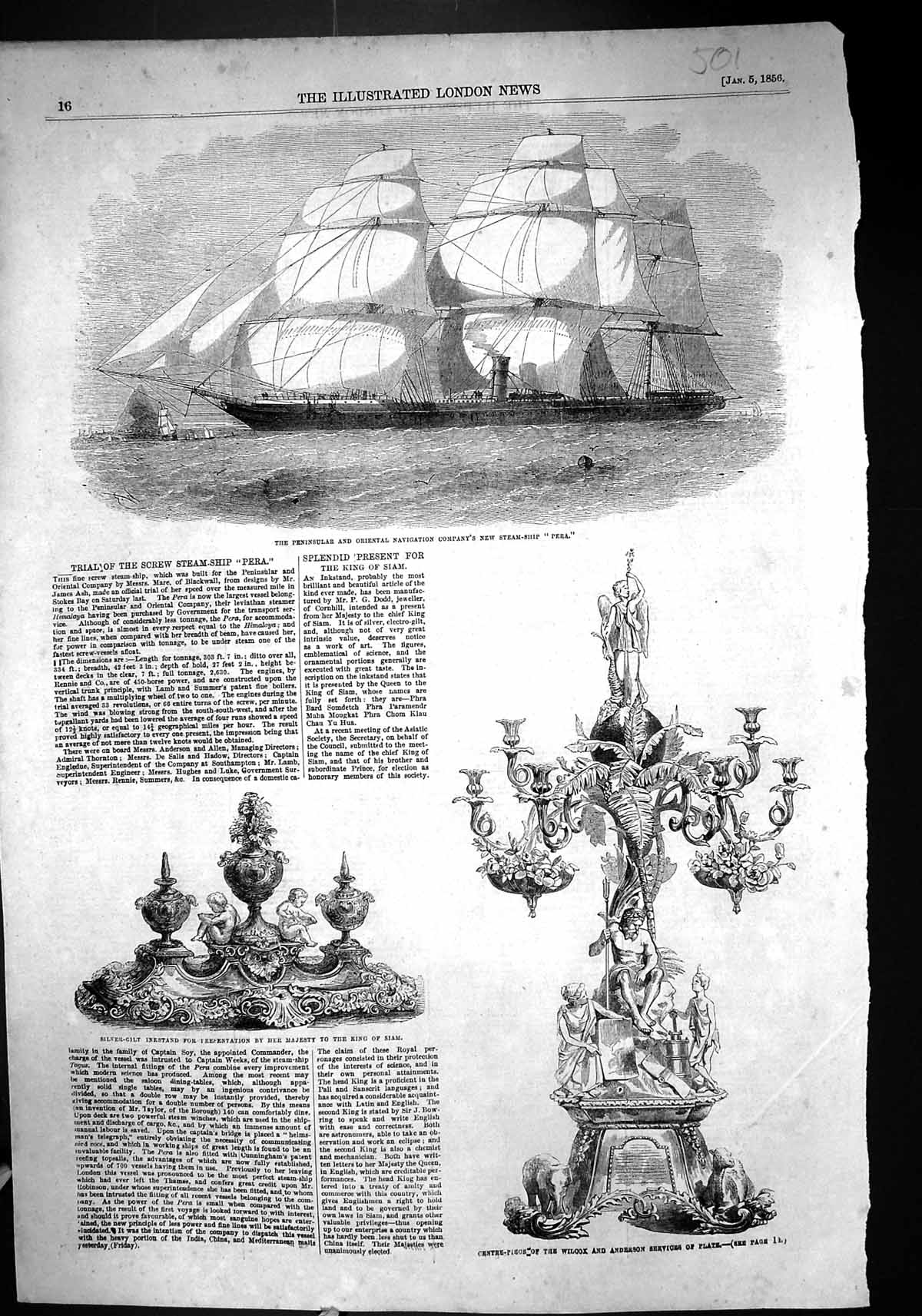 Old 1856 Peninsular Oriental Steam Ship Pera Wilcox Anderson Plate In Victorian