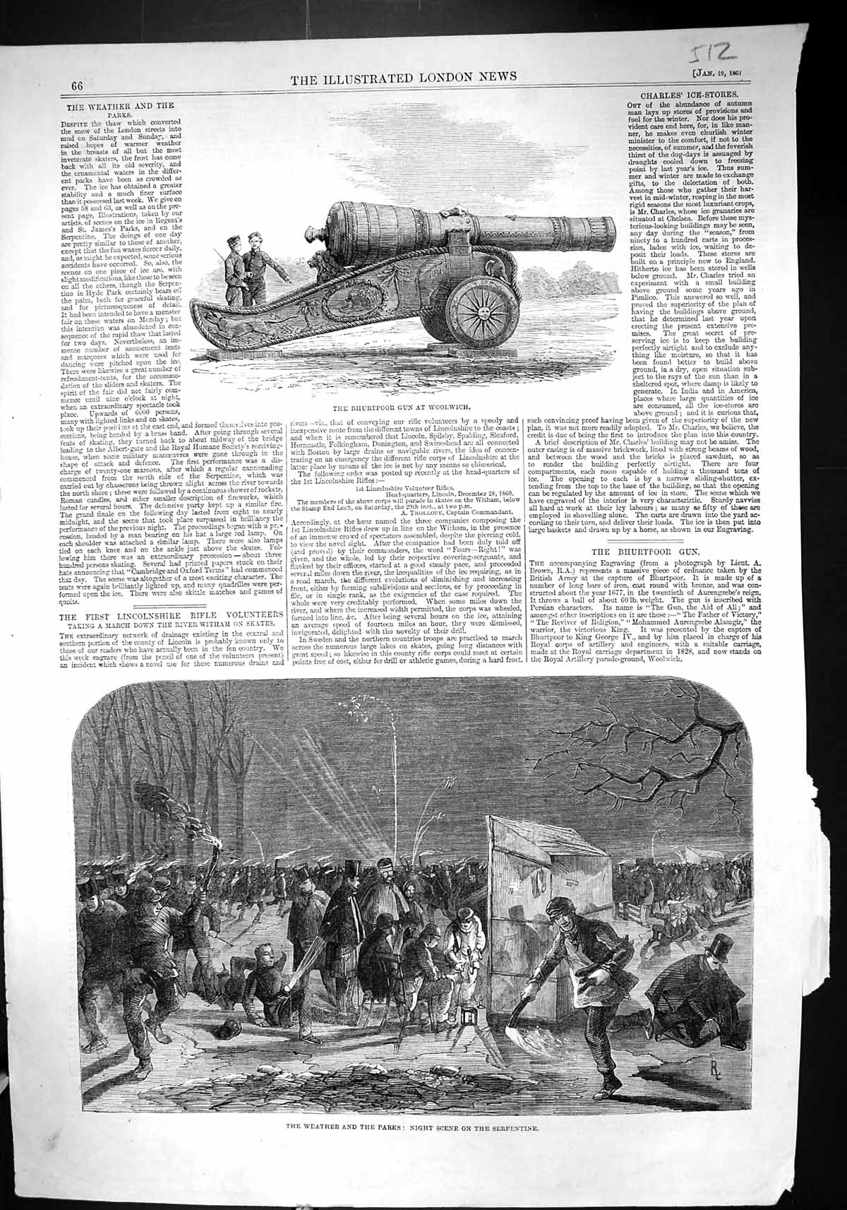 Antique Print 1861 Bhurtpoor Gun Woolwich Night Scene Serpentine Fireworks 19th