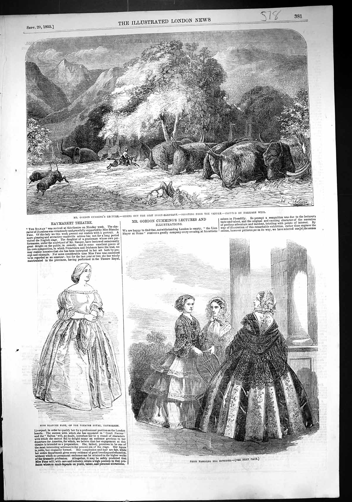 Old 1855 Paris Fashion October Gordon Cumming Lecture Ivory Elephant Victorian