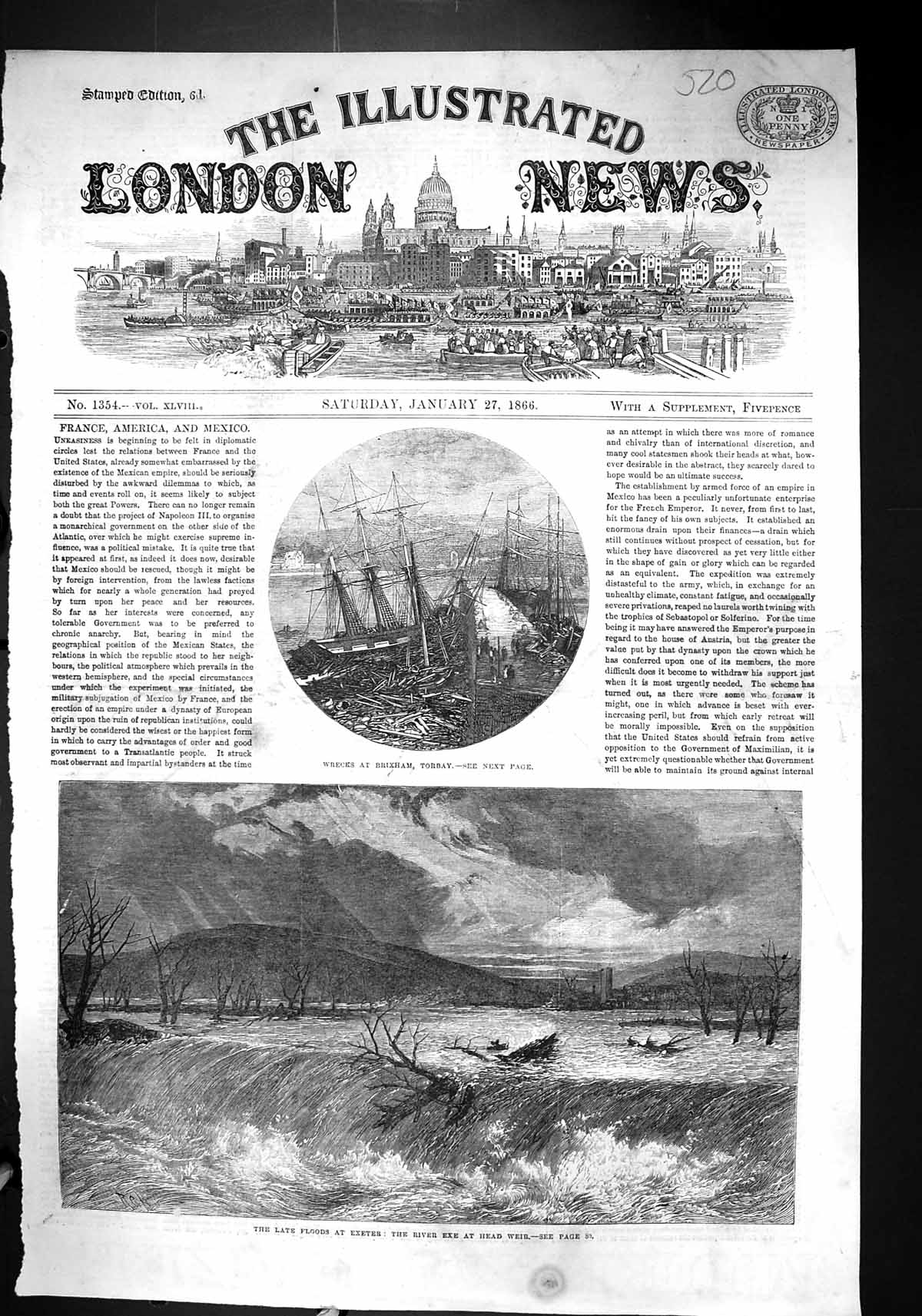 Old 1866 Ship Wrecks Brixham Torbay Floods Exeter River Exe Head Weir Victorian