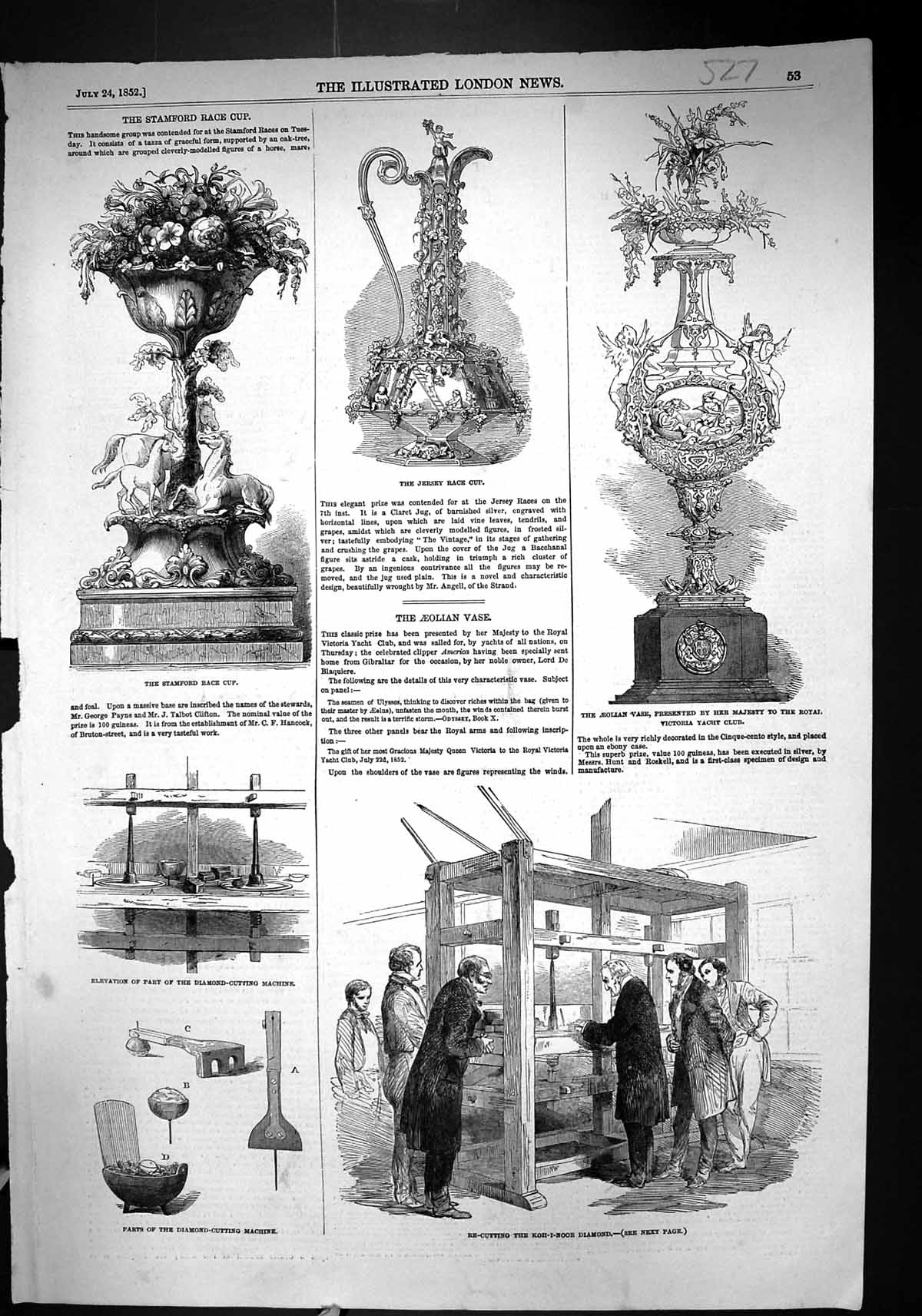 Old 1852 Jersey Race Cup Koh-I-Noor Diamond Stamford Diamond-Cutting Victorian