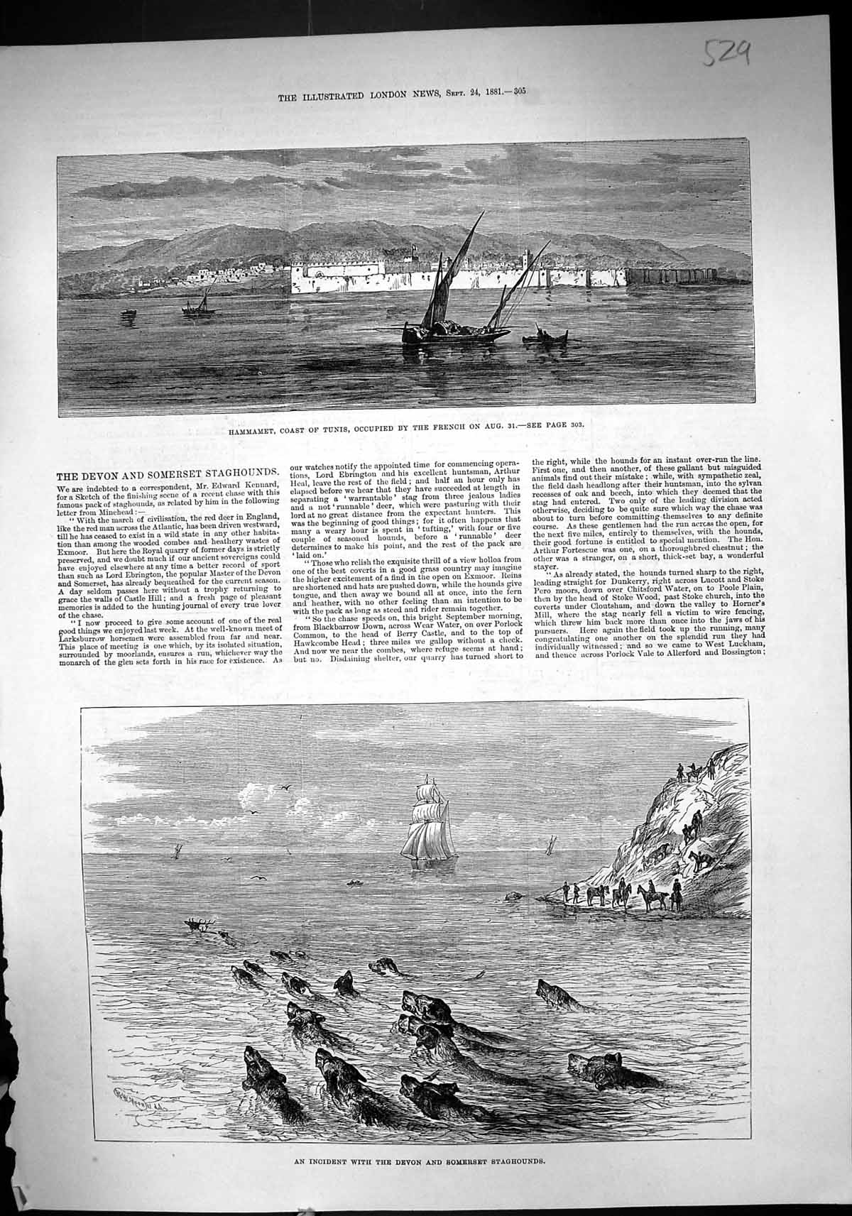 Old 1881 Hammamet Tunis Africa Devon Somerset Staghounds Sea Ship Hor Victorian