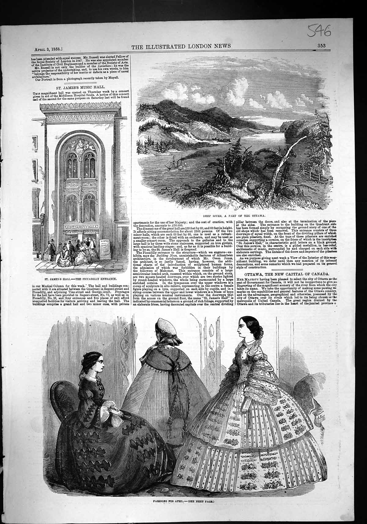 Old 1858 Ladies Fashion April St. James'S Hall Piccadilly Deep River Victorian