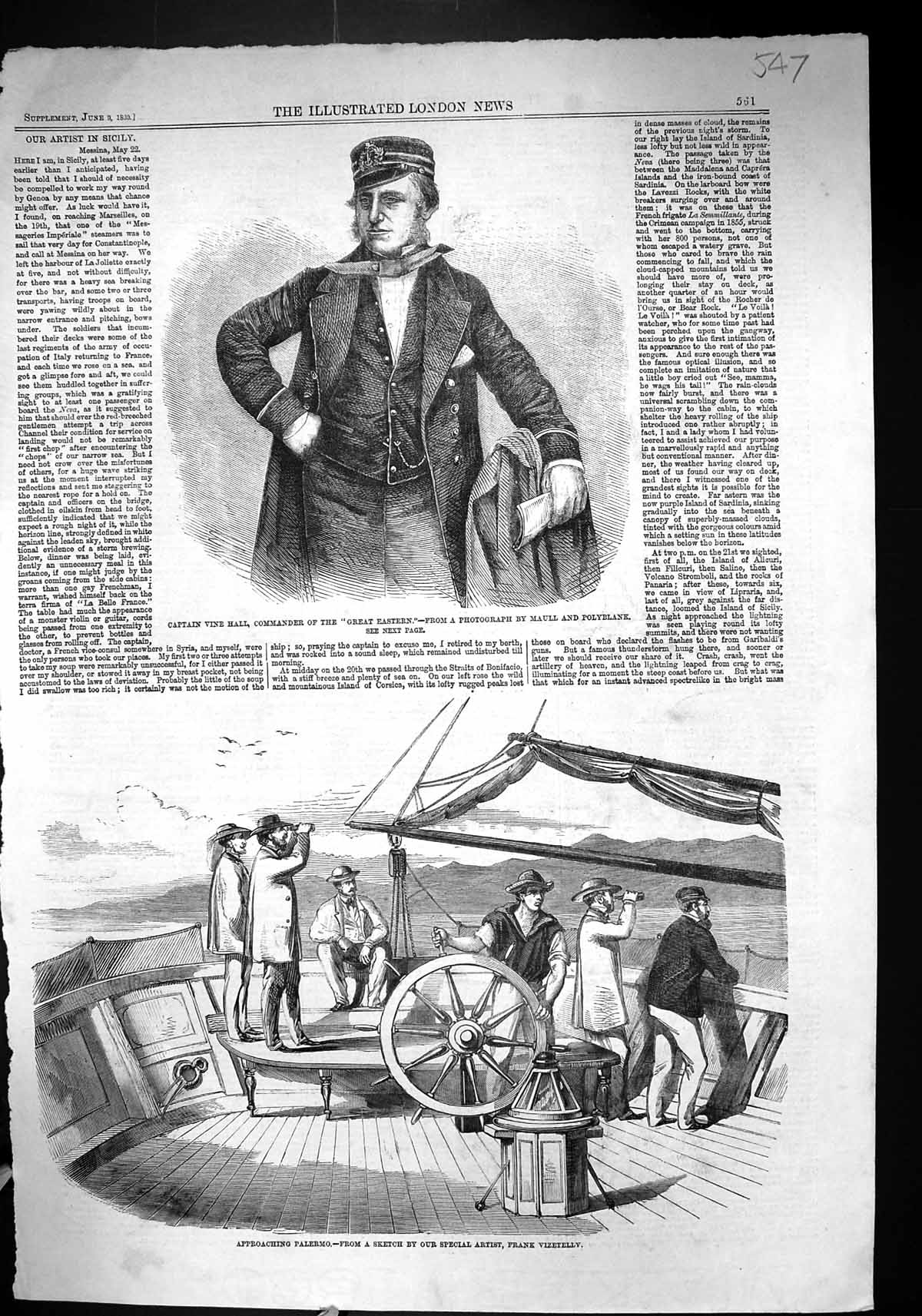 Old 1860 Captain Vine Hall Commander Great Eastern Ship Approaching P Victorian