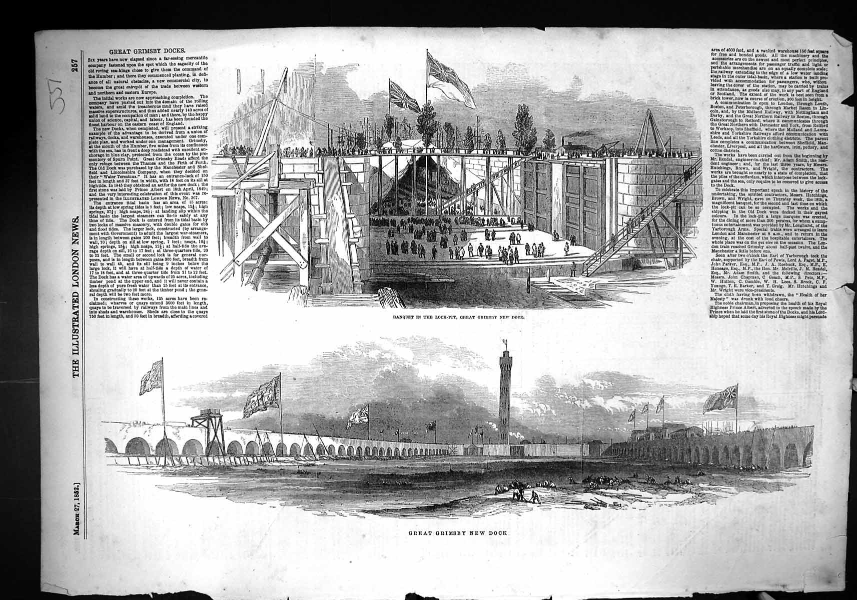 Original Old Antique Print 1852 Great Grimsby New Dock Banquet Lock-Pit 19th