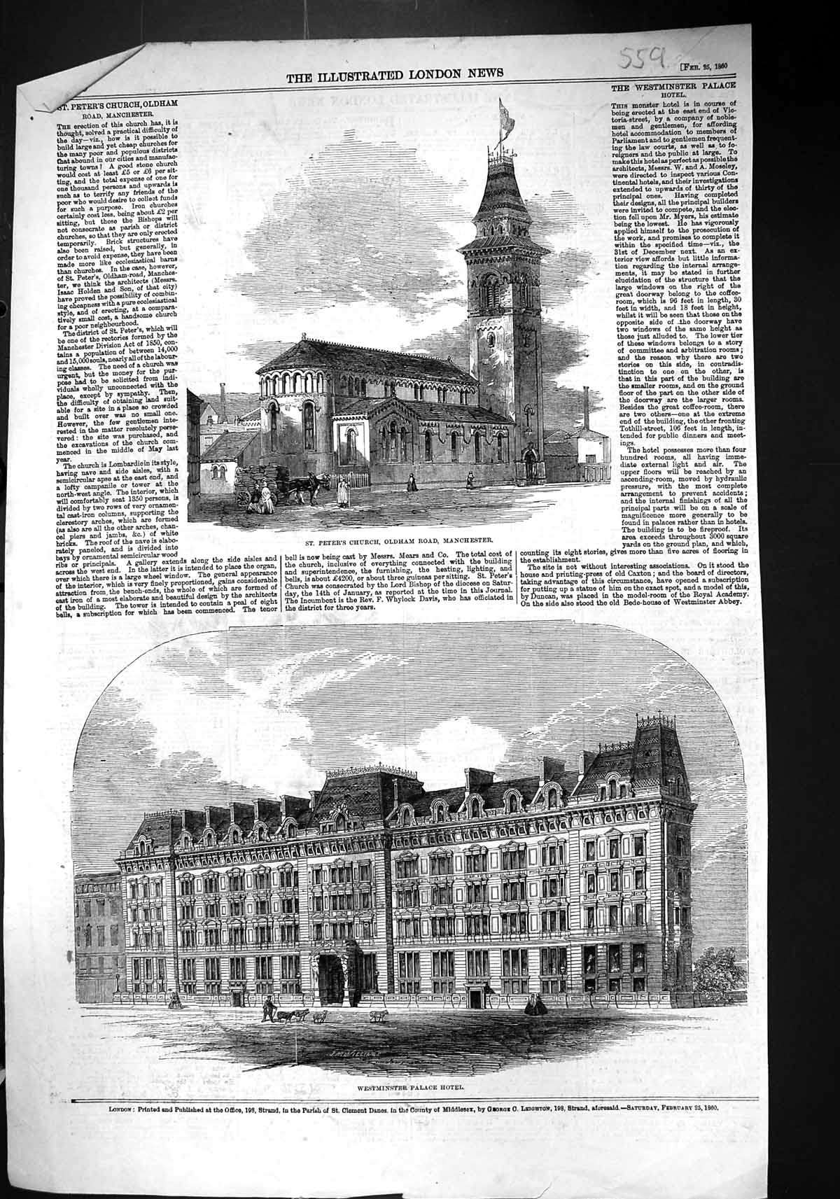 Old Print 1860 Peter'S Church ham Manchester Westminster Palace Hotel Ar 19th