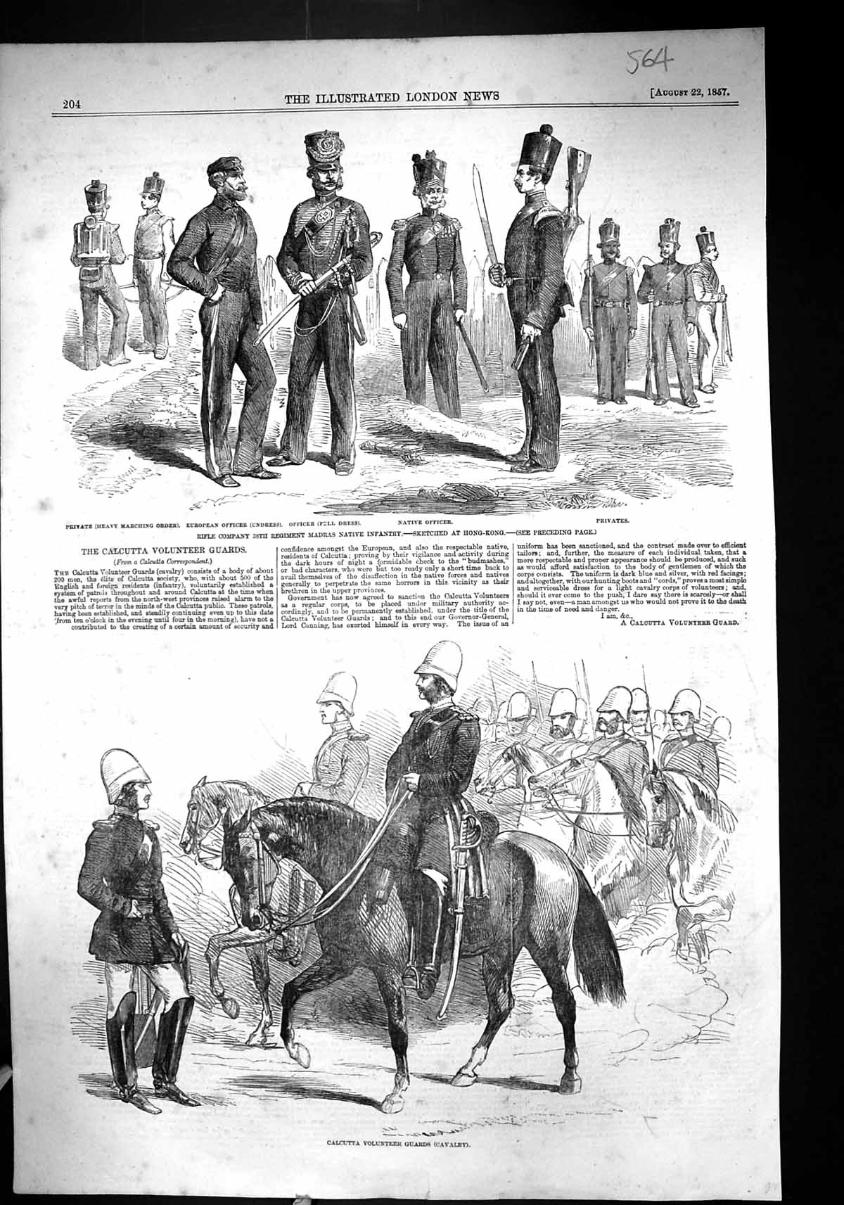 Old Print 1857 Calcutta Volunteer Guards Madras Native Infantry Honk Knog 19th
