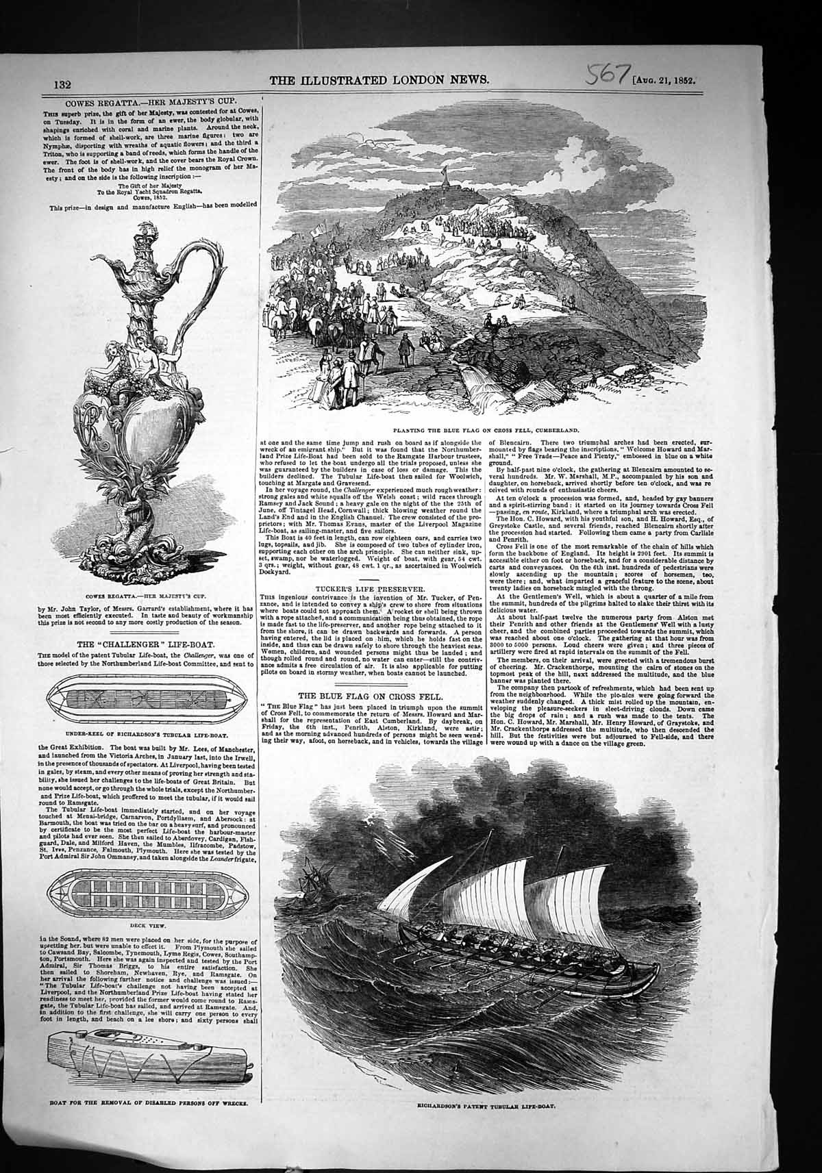 Old 1852 Richardson Tubular Challenger Life-Boat Blue Flag Cross Fell Victorian