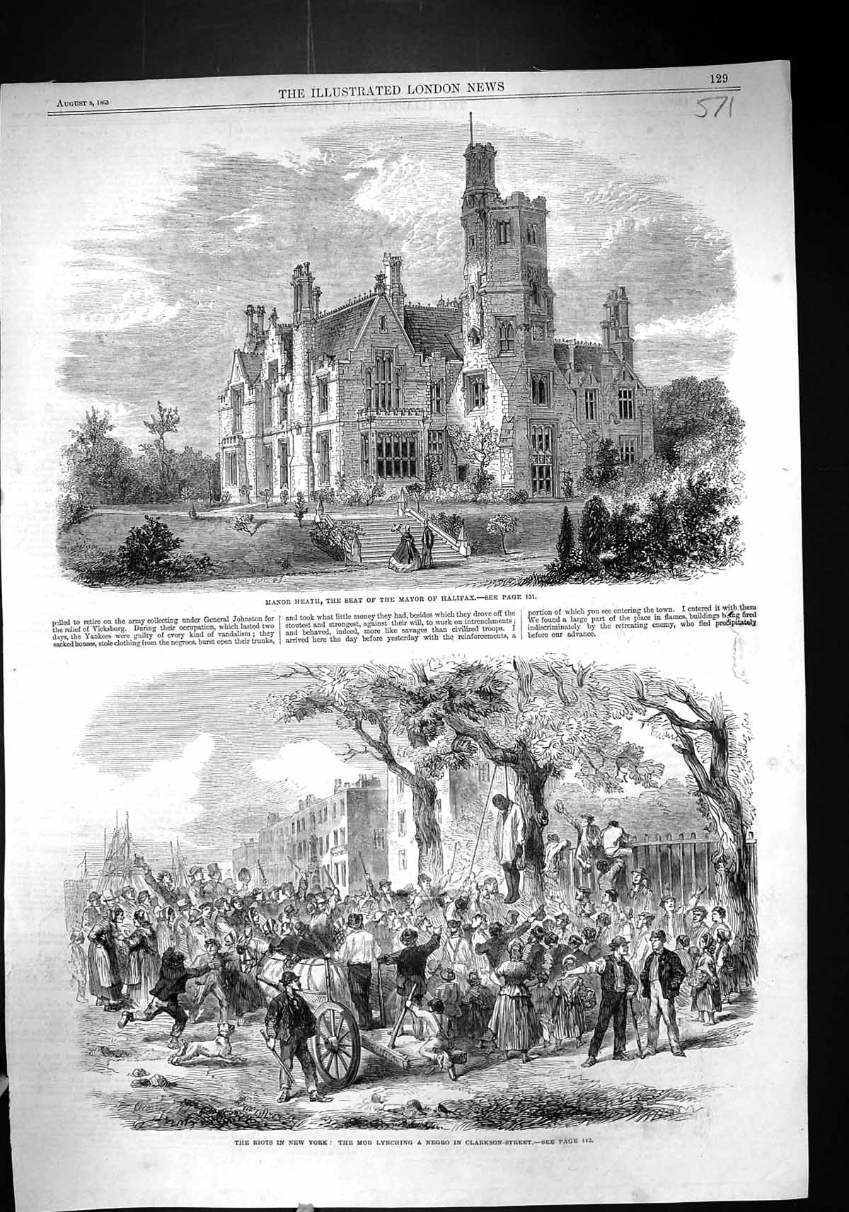 Old 1863 Manor Heath Mayor Halifax Riots New York Mob Lynching Negro Victorian