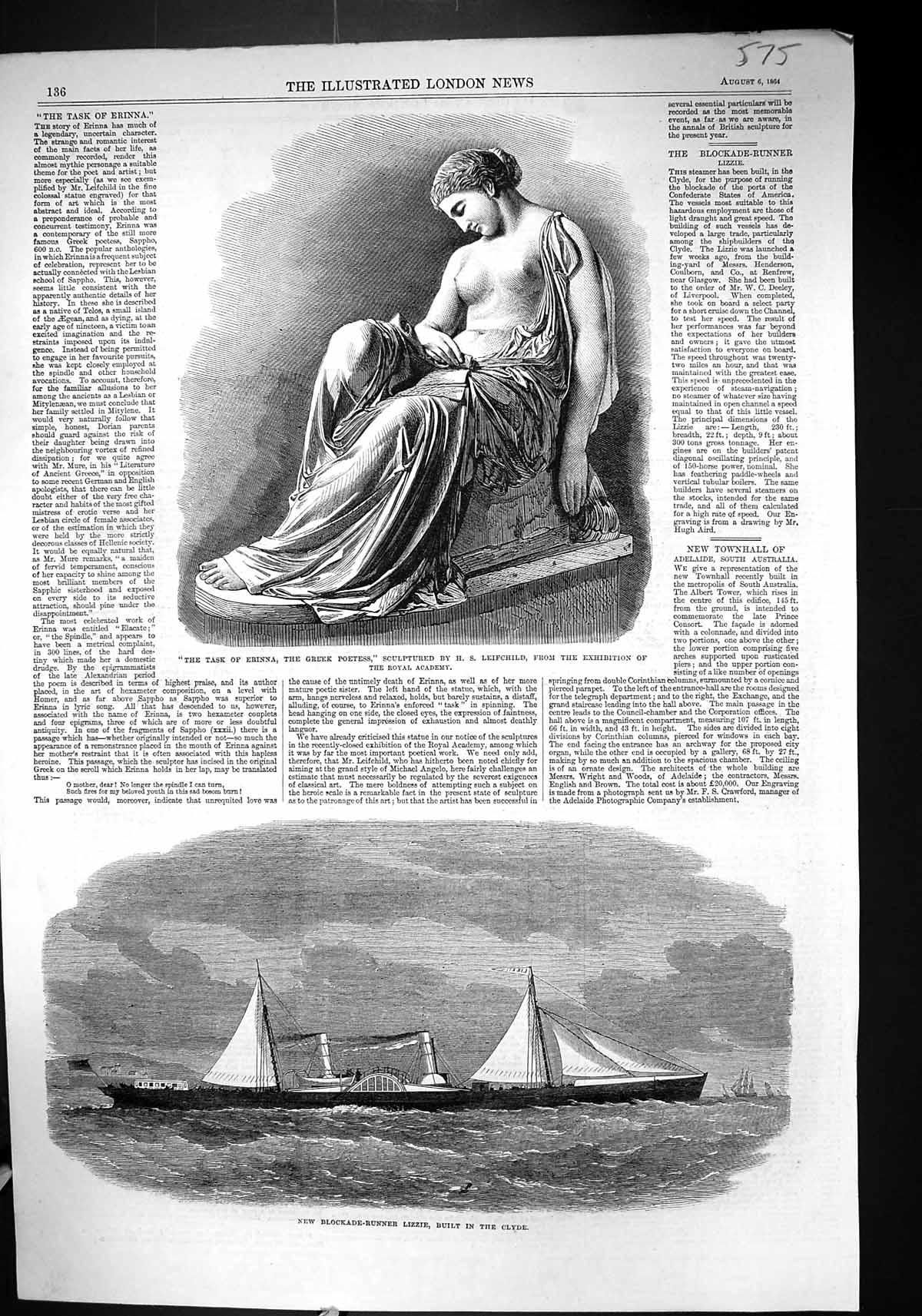 Old 1864 Blockade-Runner Lizzie Ship Clyde Task Erinna Greek Poetess Victorian