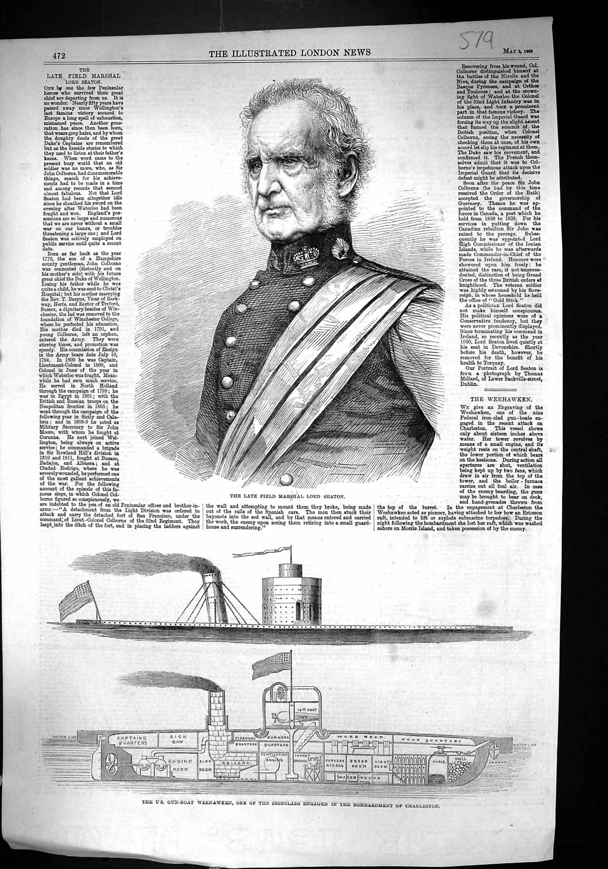 Old 1863 Field Marshal Lord Seaton U.S. Gun-Boat Weehawken Charleston Victorian