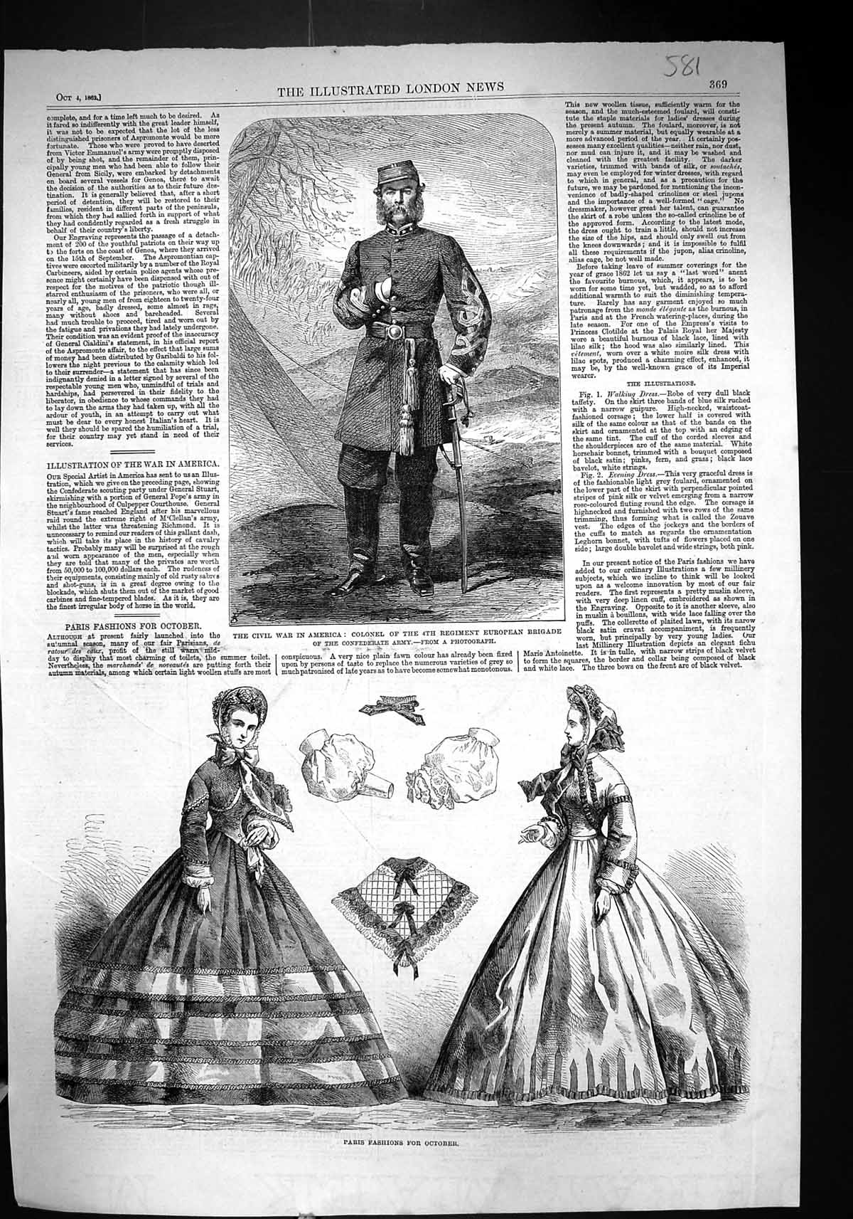Old 1862 Paris Fashion October Civil War America Colonel European Bri Victorian