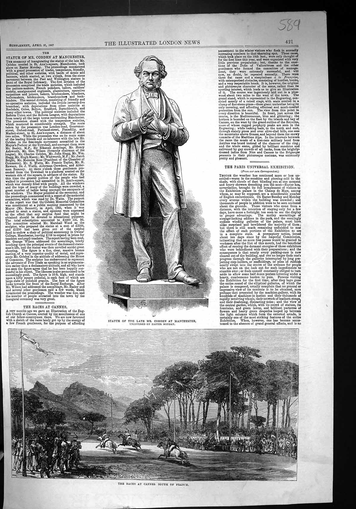 Antique Print 1867 Statue Cobden Manchester Horse Races Cannes France Sport