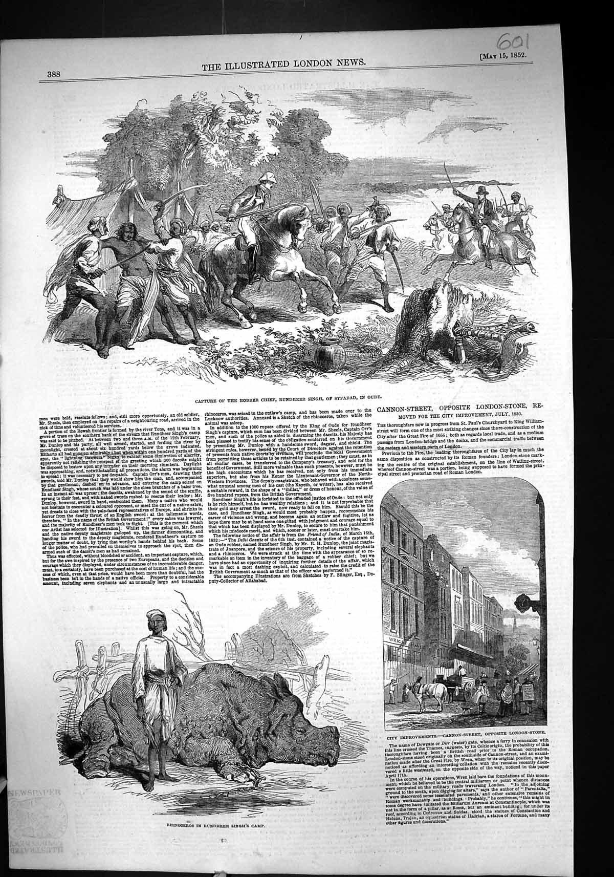 Old 1852 Capture Robber Chief Rundheer Singh Syfabad Oude Dead Rhinoc Victorian