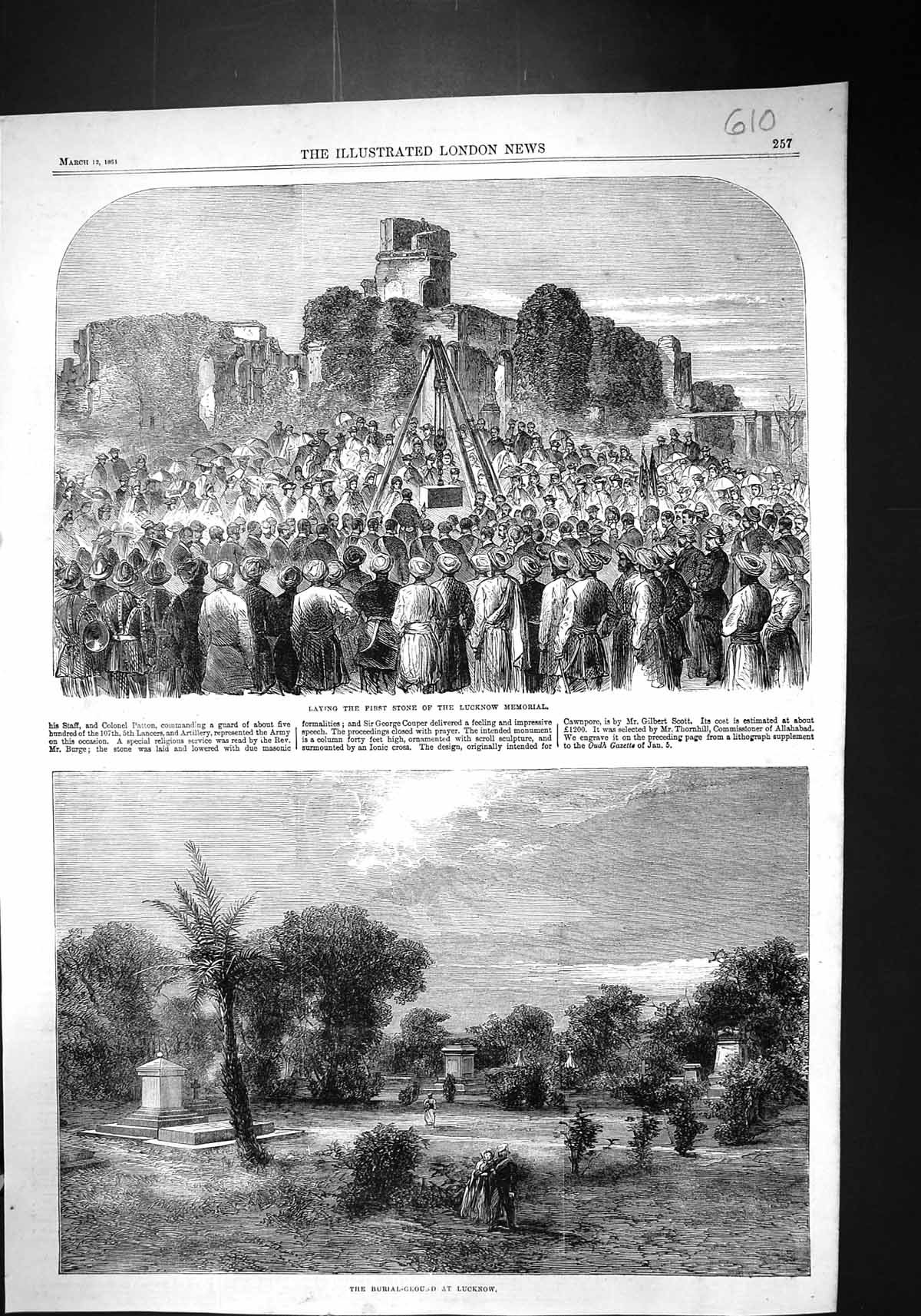 Antique Old Print 1864 Burial Ground Lucknow Laying Foundation Stone Memorial