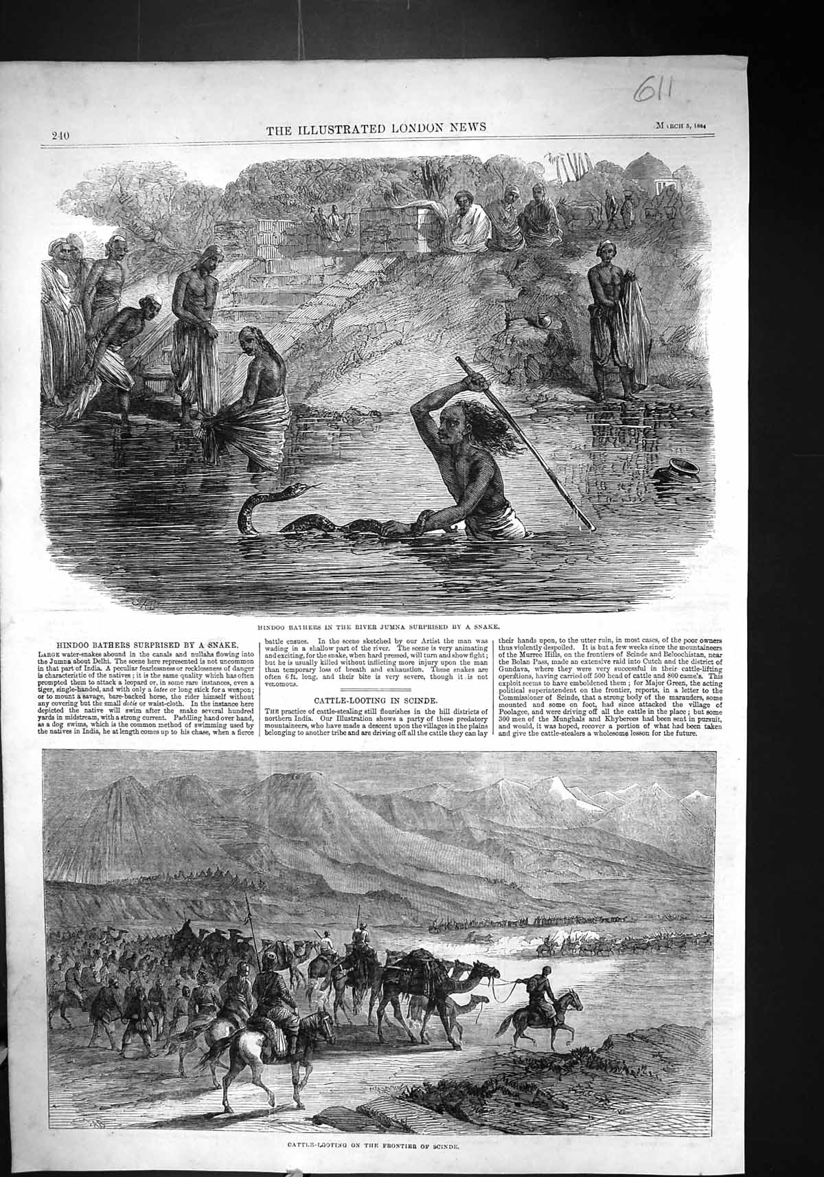 Old 1864 Hindoo Bathers River Jumna Snake Cattle Looting Frontier Sci Victorian