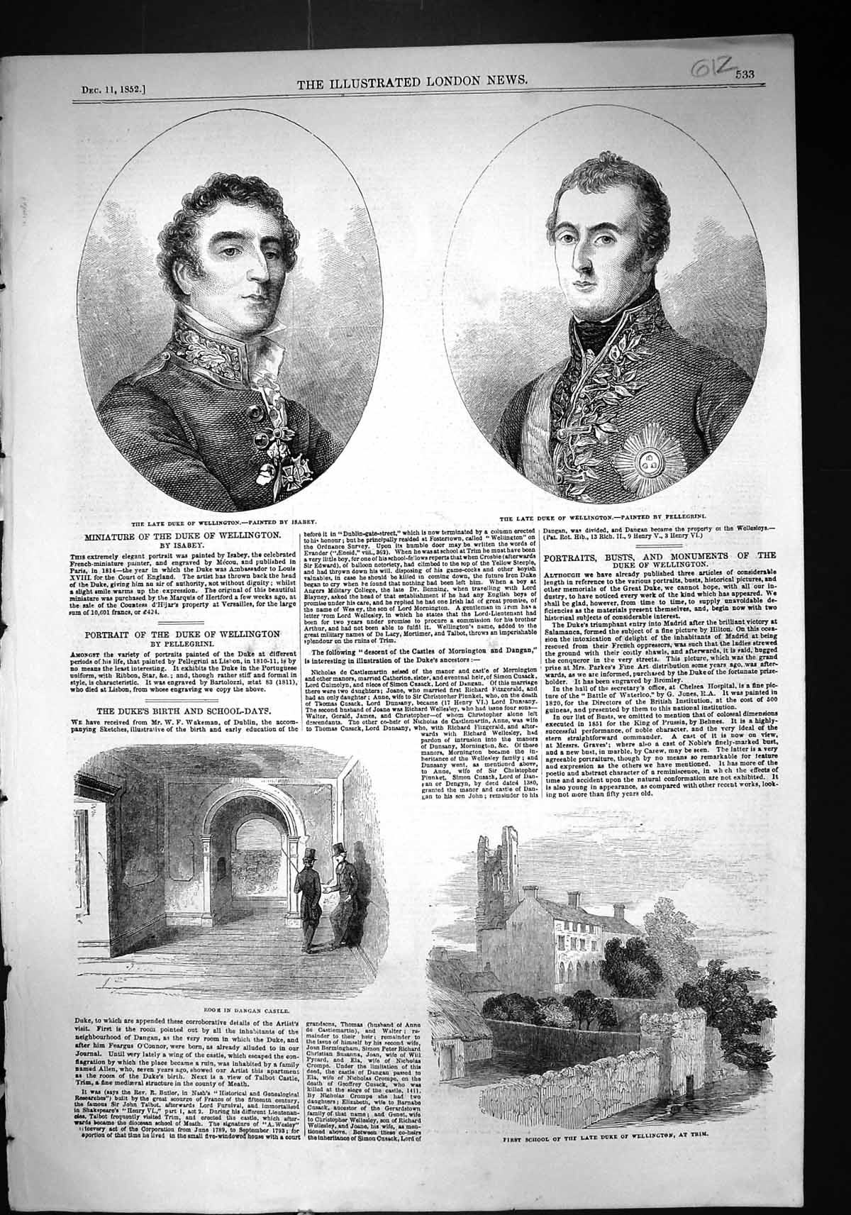 Antique Print 1852 Trim School Duke Wellington Portrait Room Dangan Castle 19th