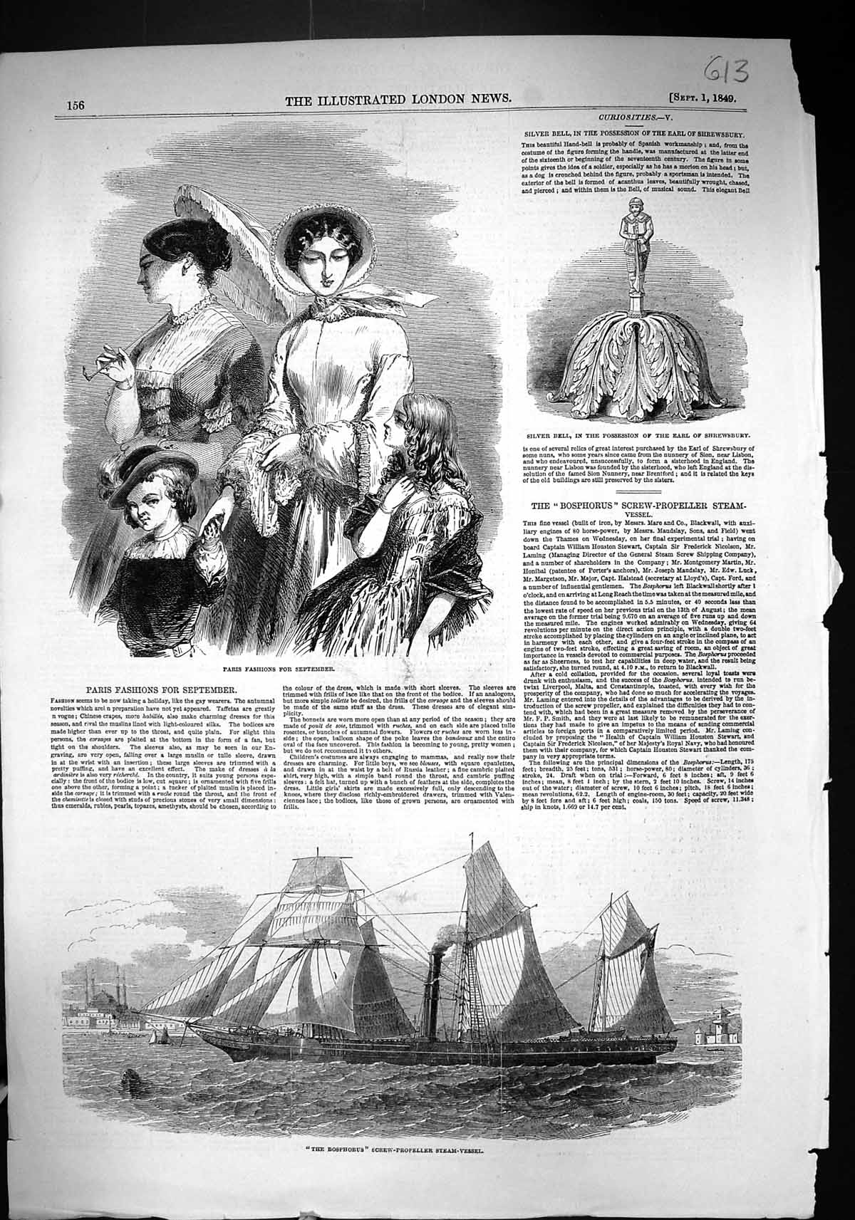Old 1849 Paris Fashion September Silver Bell Earl Shrewsbury Bosphoru Victorian