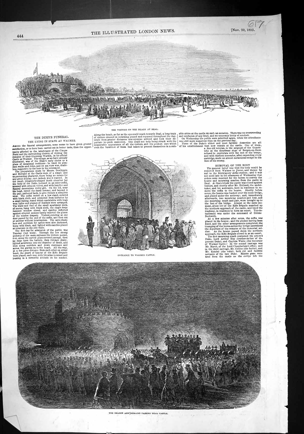 Antique Print 1852 Beach Deal Funeral Duke Wellington Walmer Castle Hearse 19th